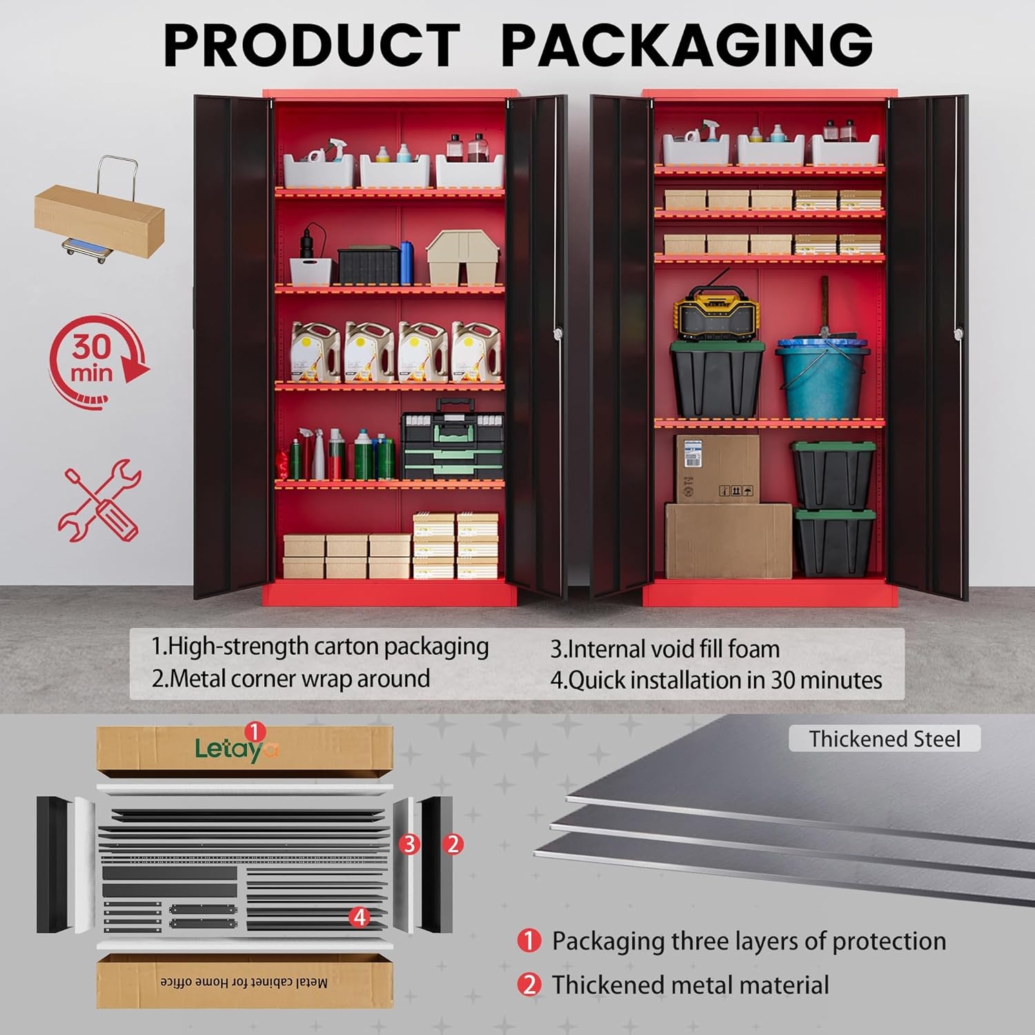 image:imageLetaya Metal Storage Cabinets with Lock Door2 Adjustable Shelves Organizer Steel Storage Cabinets for HomeOfficeWarehouseGarageEmployee LockersWhiteBlack Red