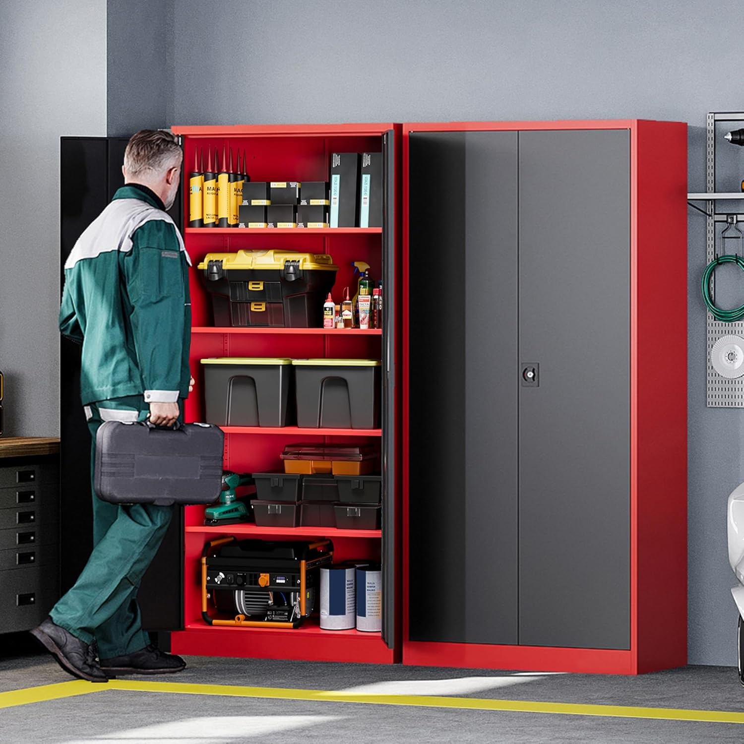 image:imageLetaya Metal Storage Cabinets with Lock Door2 Adjustable Shelves Organizer Steel Storage Cabinets for HomeOfficeWarehouseGarageEmployee LockersWhiteBlack Red