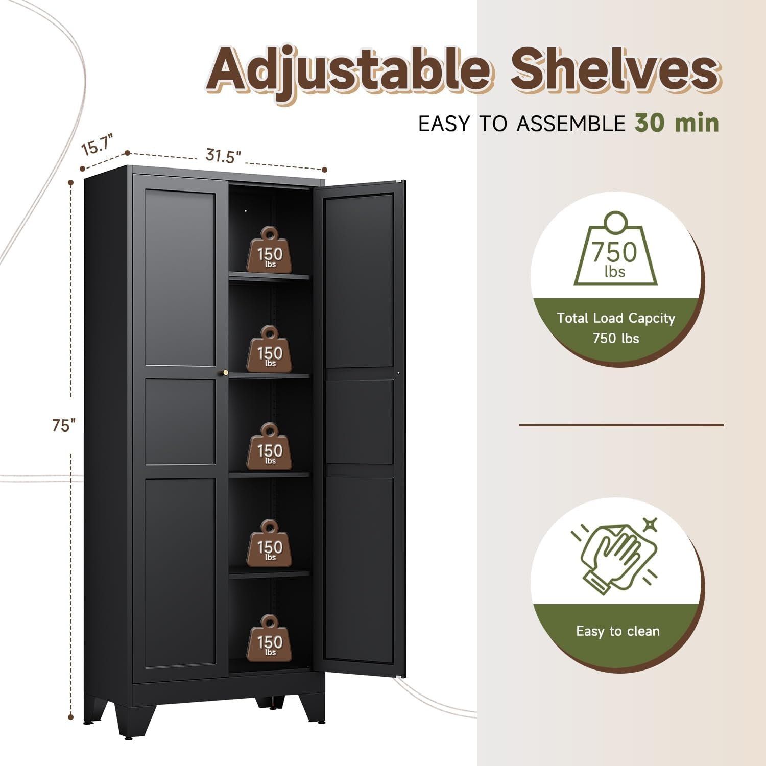 image:imageLetaya Metal Storage Cabinets with Lock Door2 Adjustable Shelves Organizer Steel Storage Cabinets for HomeOfficeWarehouseGarageEmployee LockersWhiteBlack