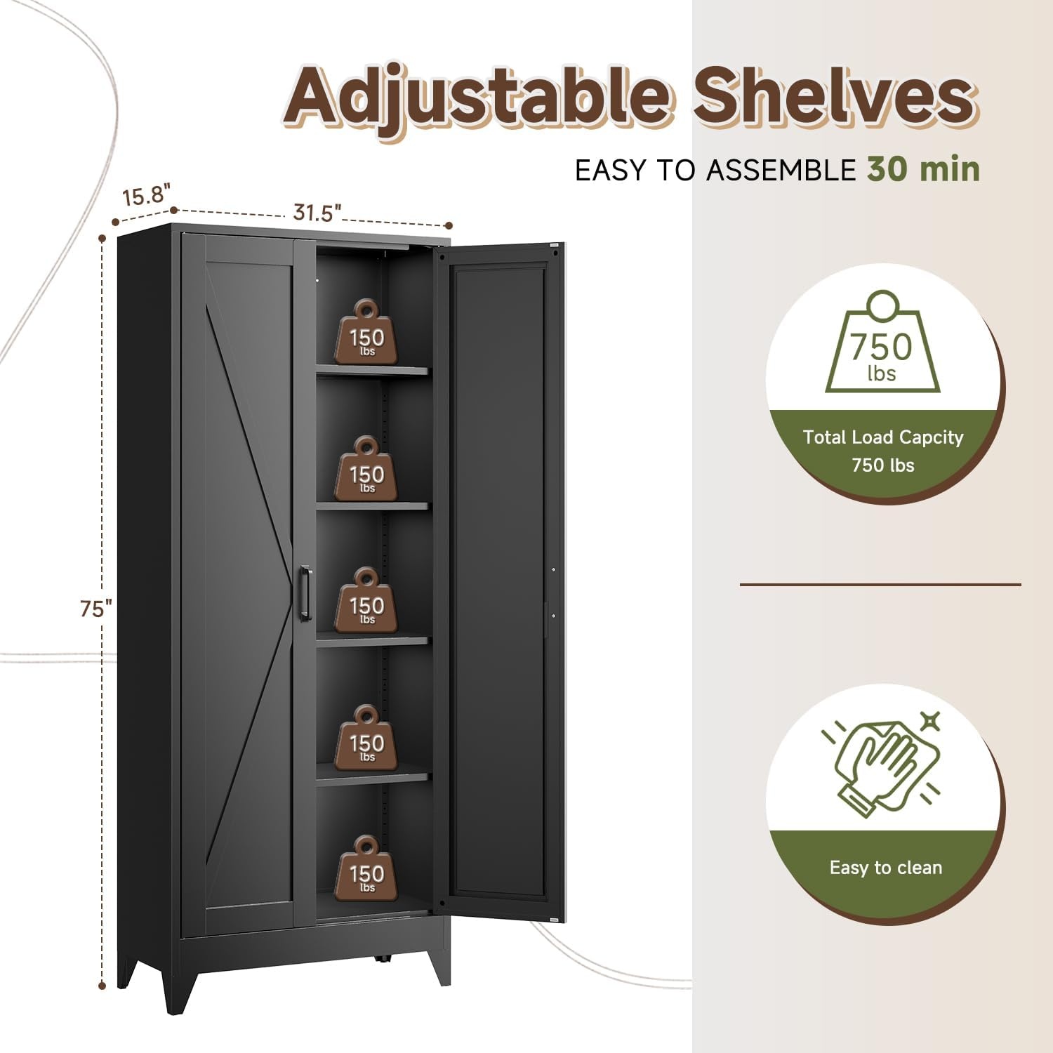 image:imageLetaya Metal Storage Cabinets with Lock Door2 Adjustable Shelves Organizer Steel Storage Cabinets for HomeOfficeWarehouseGarageEmployee LockersWhiteBlack