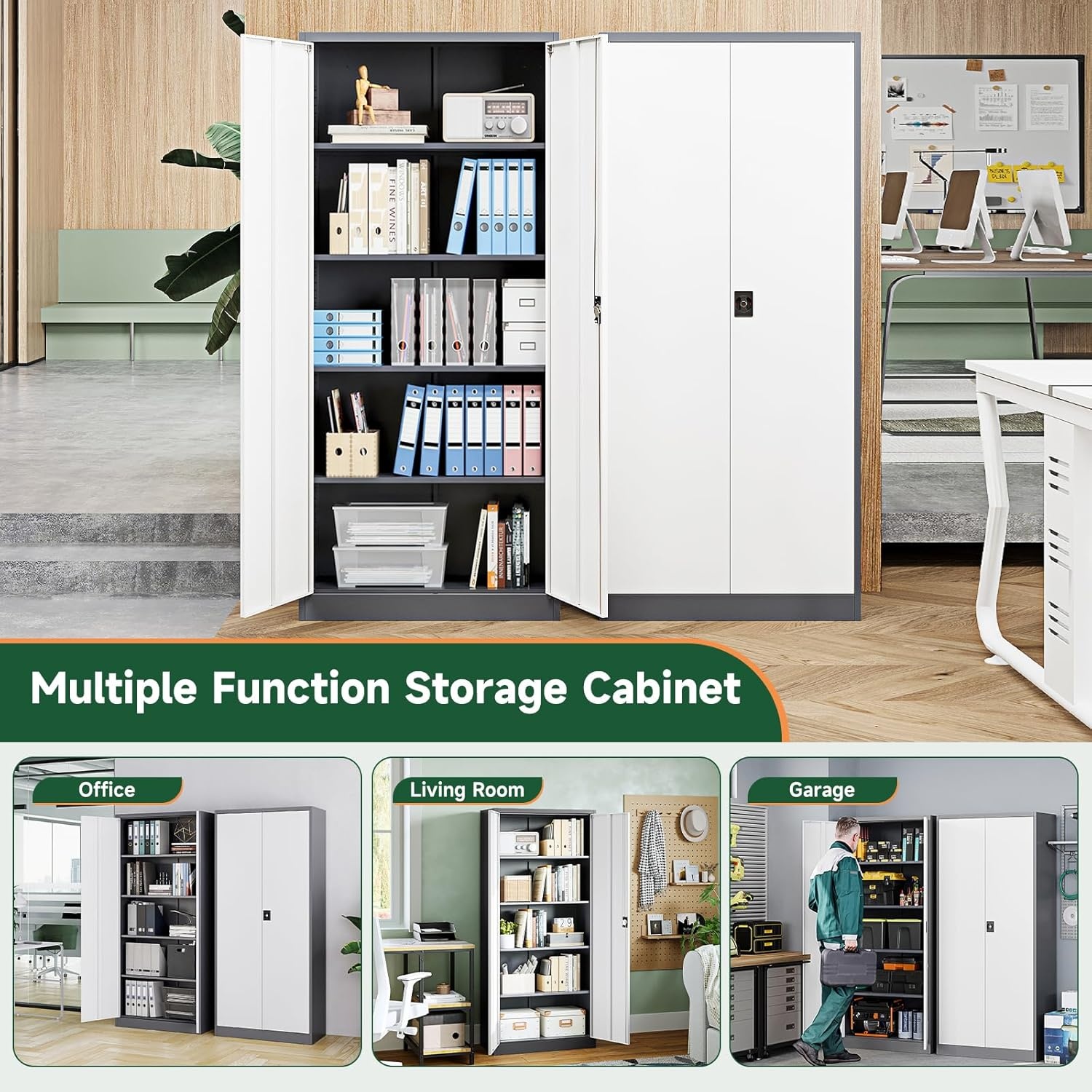 image:imageLetaya Metal Storage Cabinets with Lock Door2 Adjustable Shelves Organizer Steel Storage Cabinets for HomeOfficeWarehouseGarageEmployee LockersWhiteGrey White