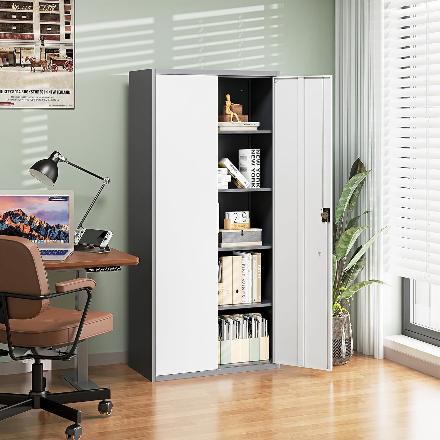 image:imageLetaya Metal Storage Cabinets with Lock Door2 Adjustable Shelves Organizer Steel Storage Cabinets for HomeOfficeWarehouseGarageEmployee LockersWhiteGrey White
