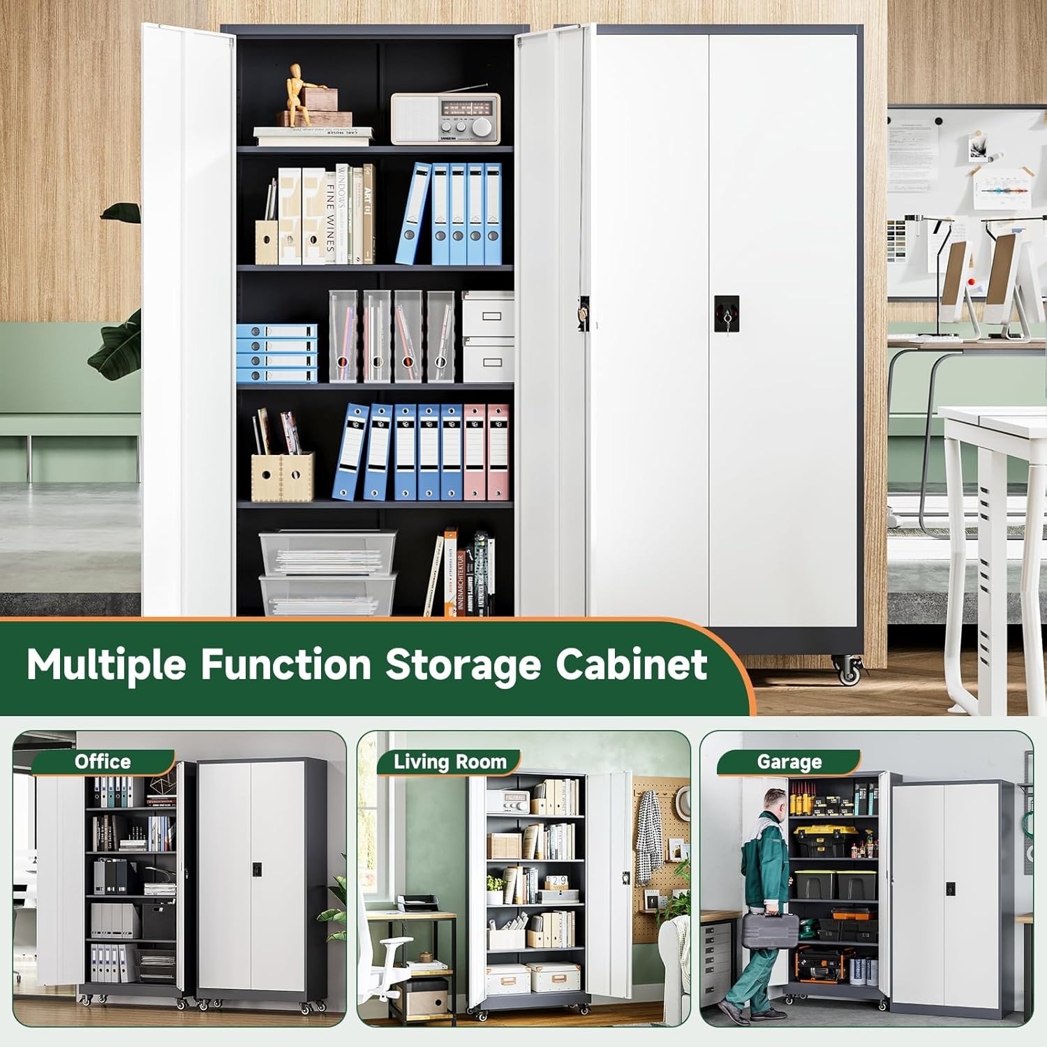 image:imageLetaya Metal Storage Cabinets with Lock Door2 Adjustable Shelves Organizer Steel Storage Cabinets for HomeOfficeWarehouseGarageEmployee LockersWhiteGrey White
