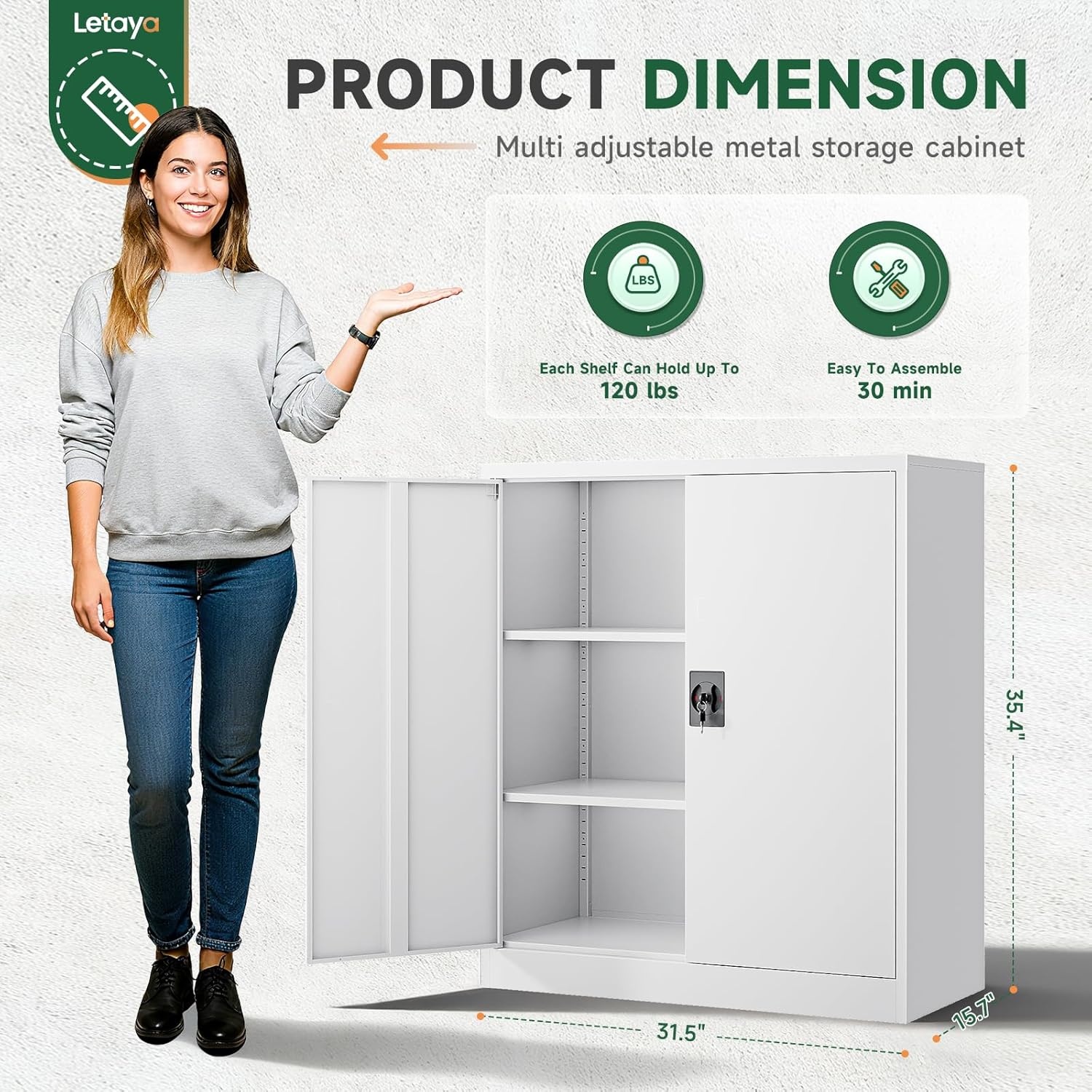 image:imageLetaya Metal Storage Cabinets with Lock Door2 Adjustable Shelves Organizer Steel Storage Cabinets for HomeOfficeWarehouseGarageEmployee LockersWhiteWhite