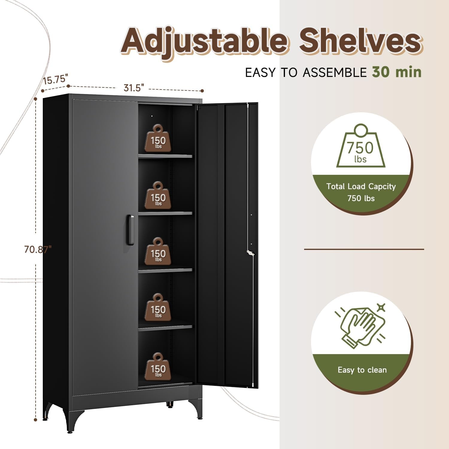 image:imageLetaya Metal Storage Cabinets with Lock DoorsTall Locker Organizer Steel Garage Cabinets 5 Adjustable Layers Shelves for Home Office WarehouseToolIndustrialBlackBlack