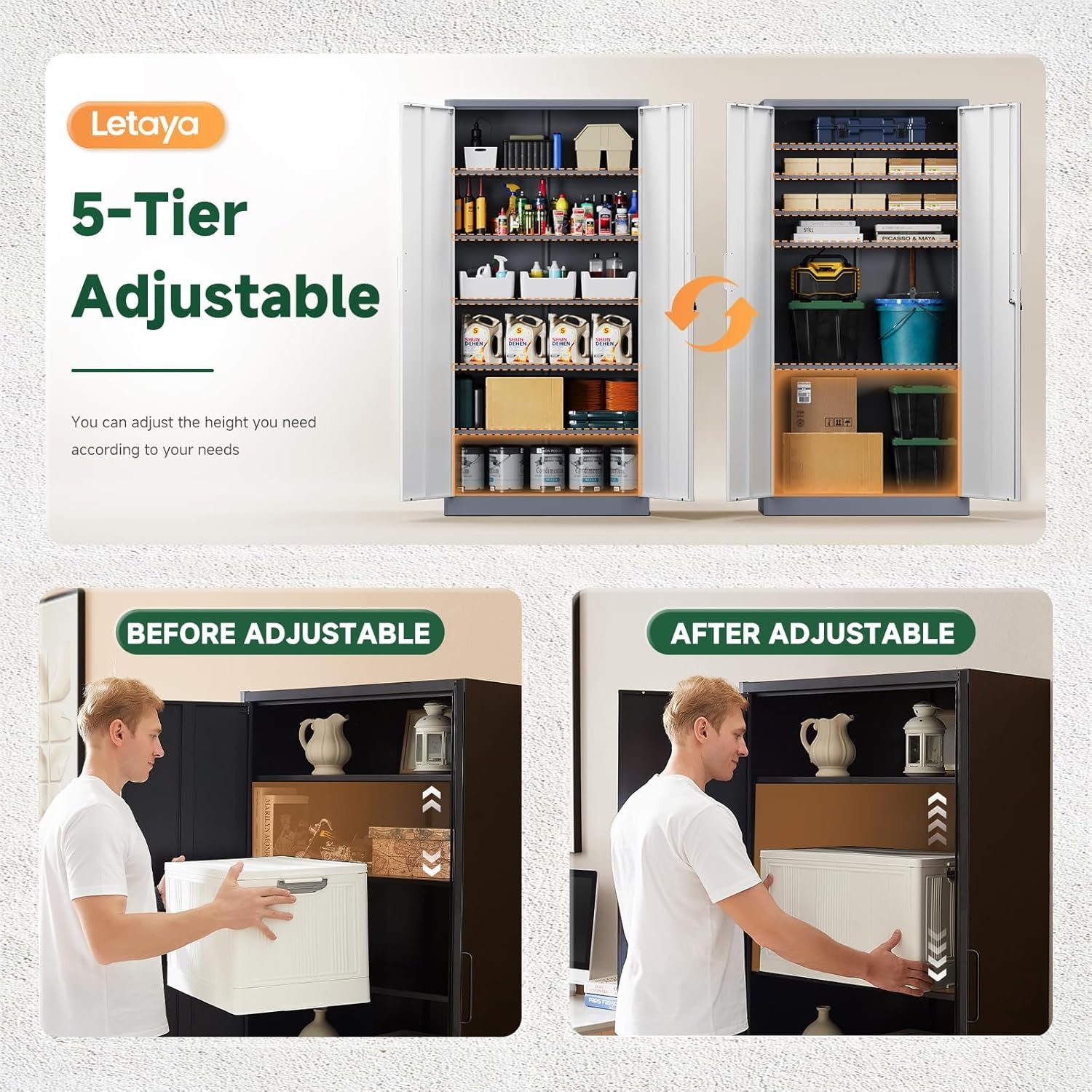image:imageLetaya Metal Storage Cabinets with Lock DoorsTall Locker Organizer Steel Garage Cabinets 5 Adjustable Layers Shelves for Home Office WarehouseToolIndustrialBlackGrey White