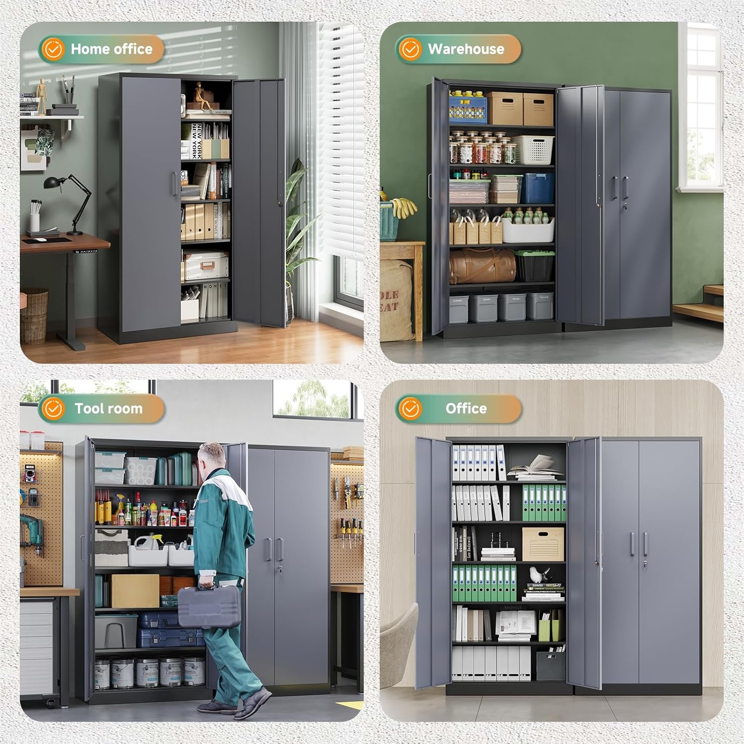 image:imageLetaya Metal Storage Cabinets with Lock DoorsTall Locker Organizer Steel Garage Cabinets 5 Adjustable Layers Shelves for Home Office WarehouseToolIndustrialBlackBlack Grey