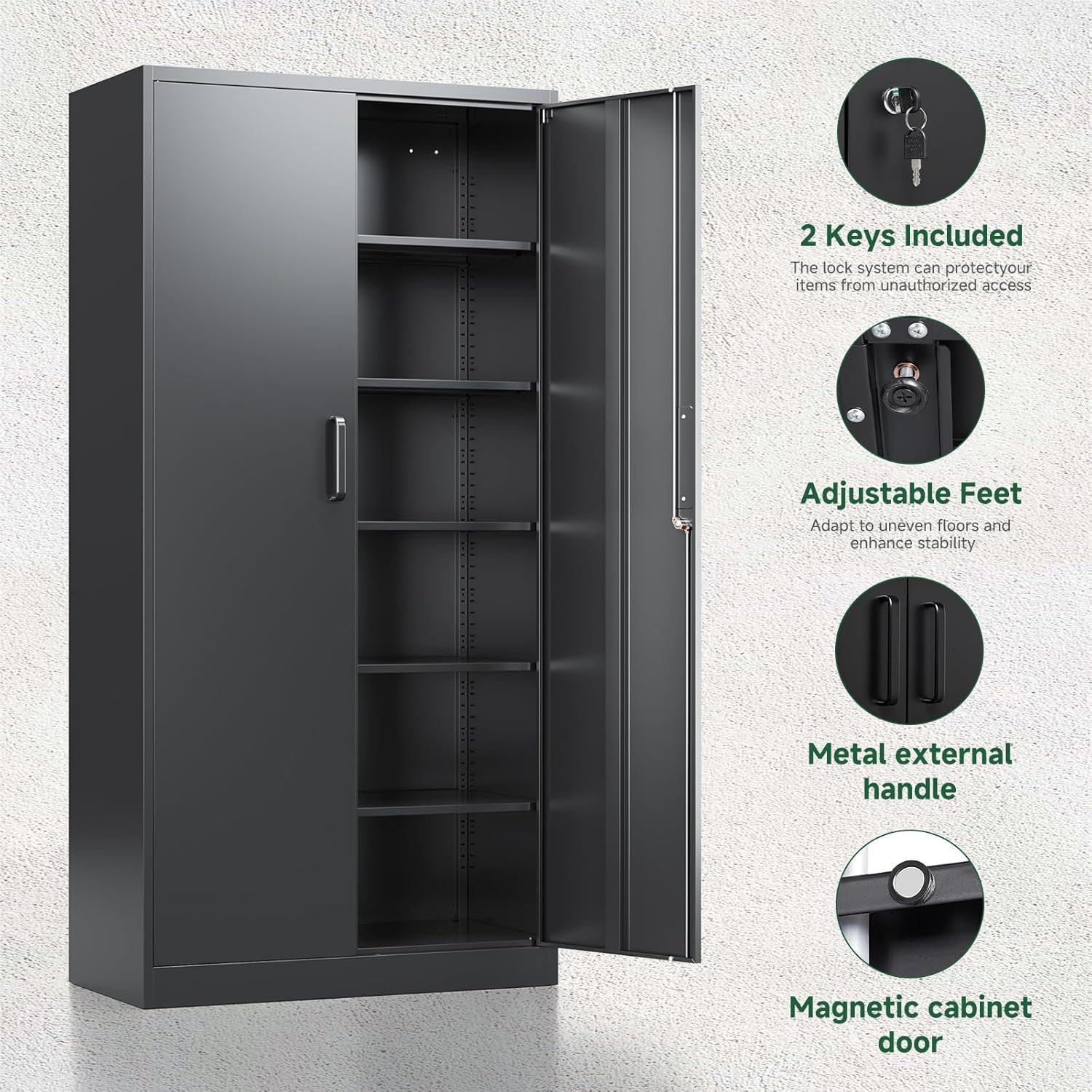image:imageLetaya Metal Storage Cabinets with Lock DoorsTall Locker Organizer Steel Garage Cabinets 5 Adjustable Layers Shelves for Home Office WarehouseToolIndustrialBlackBlack