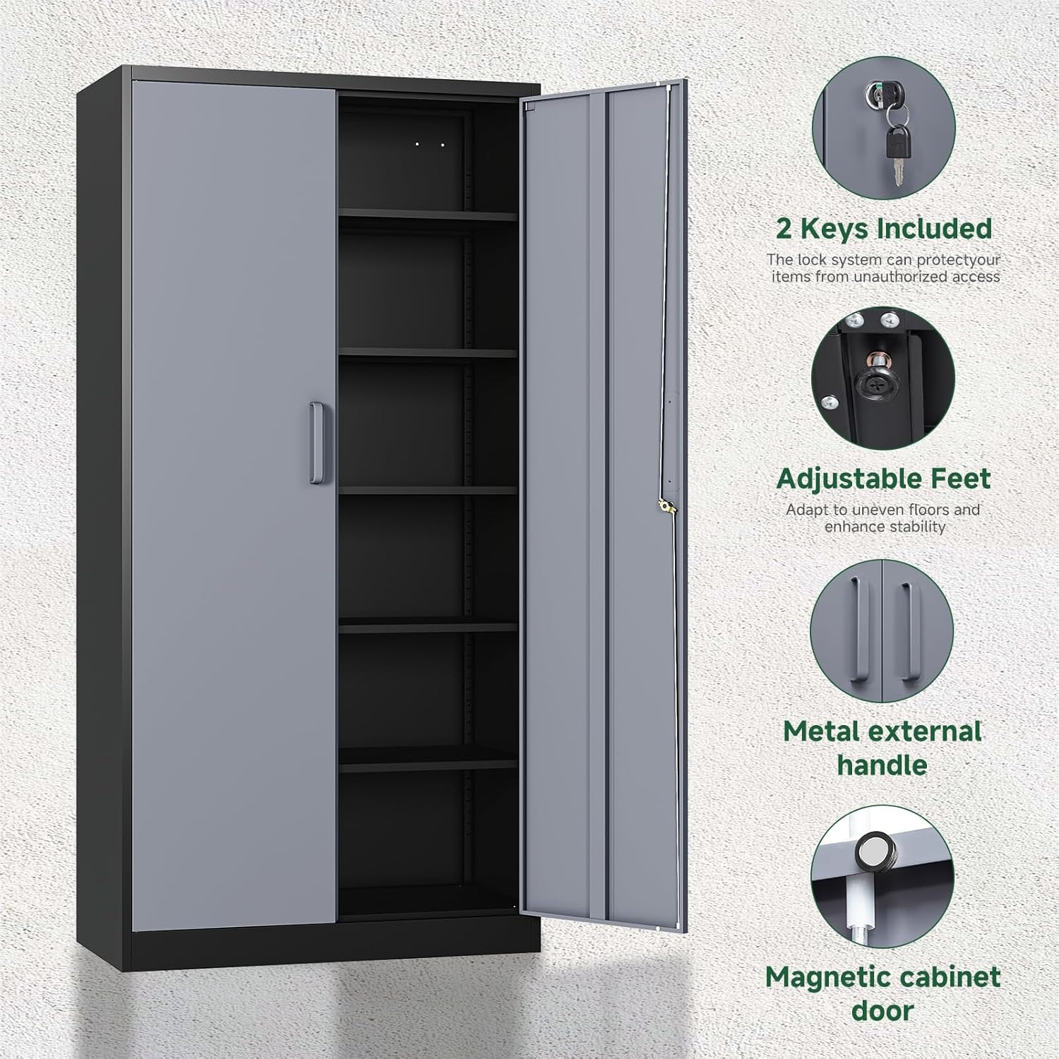 image:imageLetaya Metal Storage Cabinets with Lock DoorsTall Locker Organizer Steel Garage Cabinets 5 Adjustable Layers Shelves for Home Office WarehouseToolIndustrialBlackBlack Grey