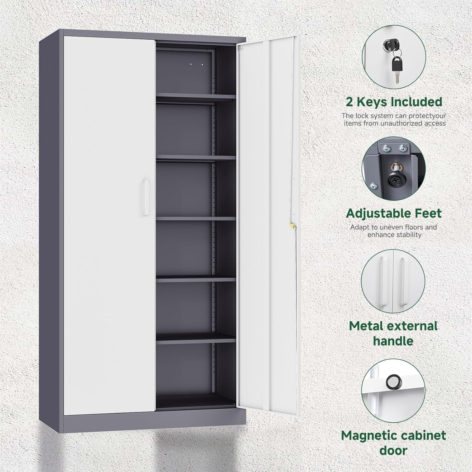 image:imageLetaya Metal Storage Cabinets with Lock DoorsTall Locker Organizer Steel Garage Cabinets 5 Adjustable Layers Shelves for Home Office WarehouseToolIndustrialBlackGrey White