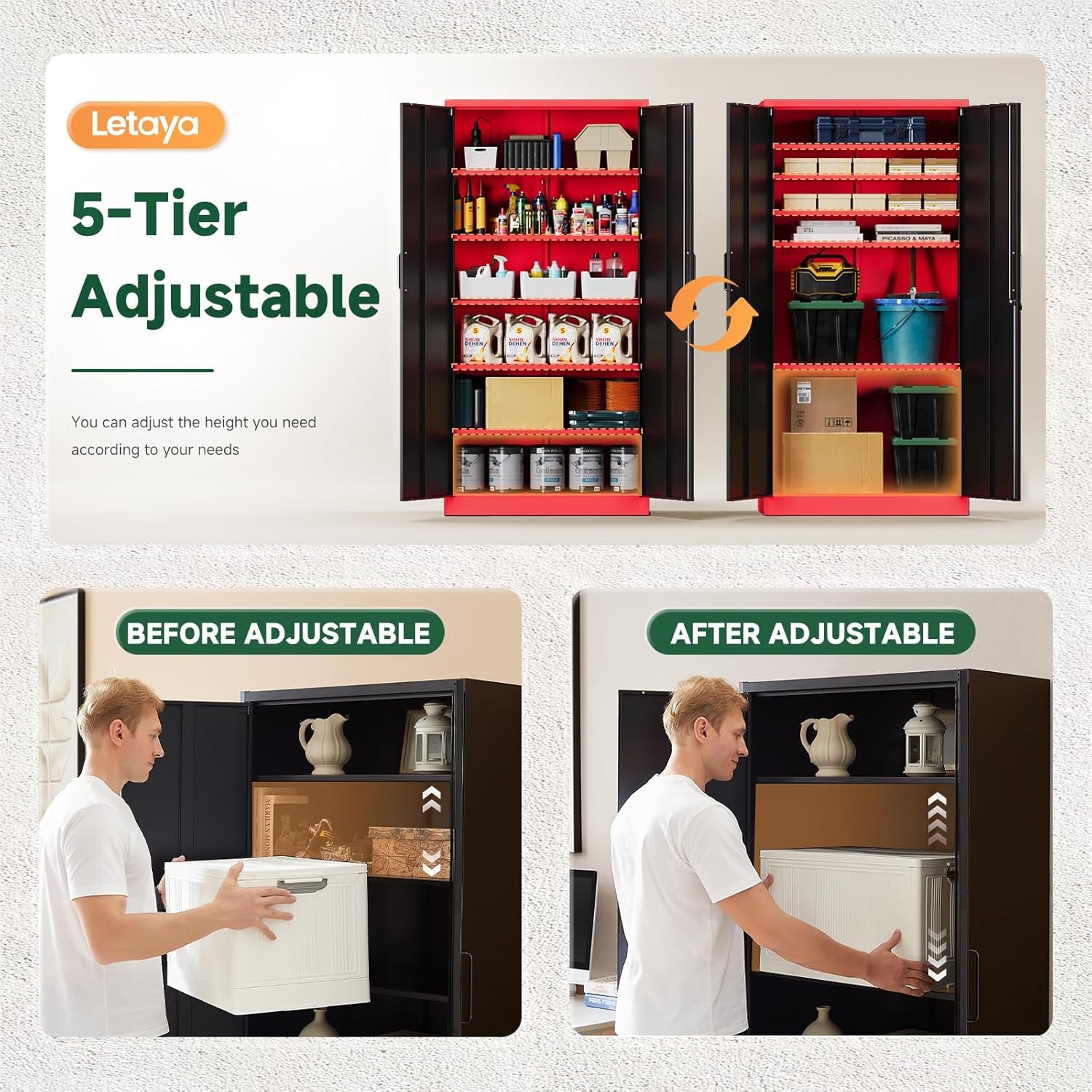 image:imageLetaya Metal Storage Cabinets with Lock DoorsTall Locker Organizer Steel Garage Cabinets 5 Adjustable Layers Shelves for Home Office WarehouseToolIndustrialBlackBlack Red