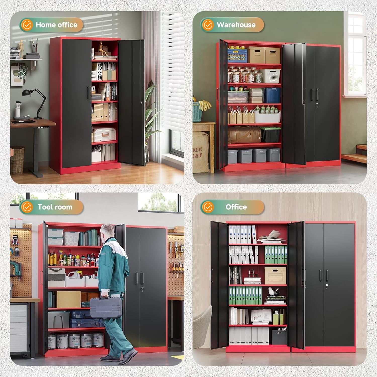 image:imageLetaya Metal Storage Cabinets with Lock DoorsTall Locker Organizer Steel Garage Cabinets 5 Adjustable Layers Shelves for Home Office WarehouseToolIndustrialBlackBlack Red