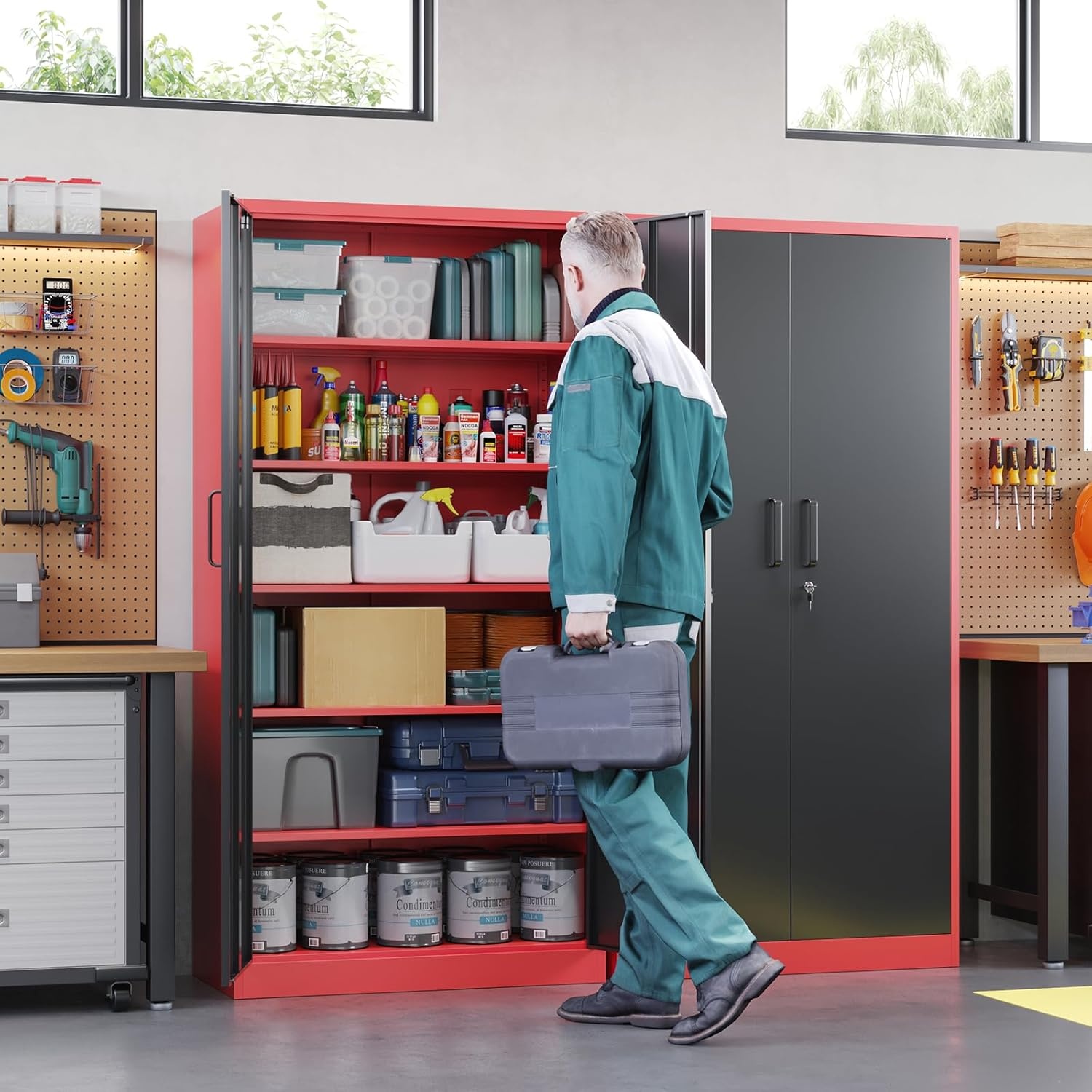image:imageLetaya Metal Storage Cabinets with Lock DoorsTall Locker Organizer Steel Garage Cabinets 5 Adjustable Layers Shelves for Home Office WarehouseToolIndustrialBlackBlack Red