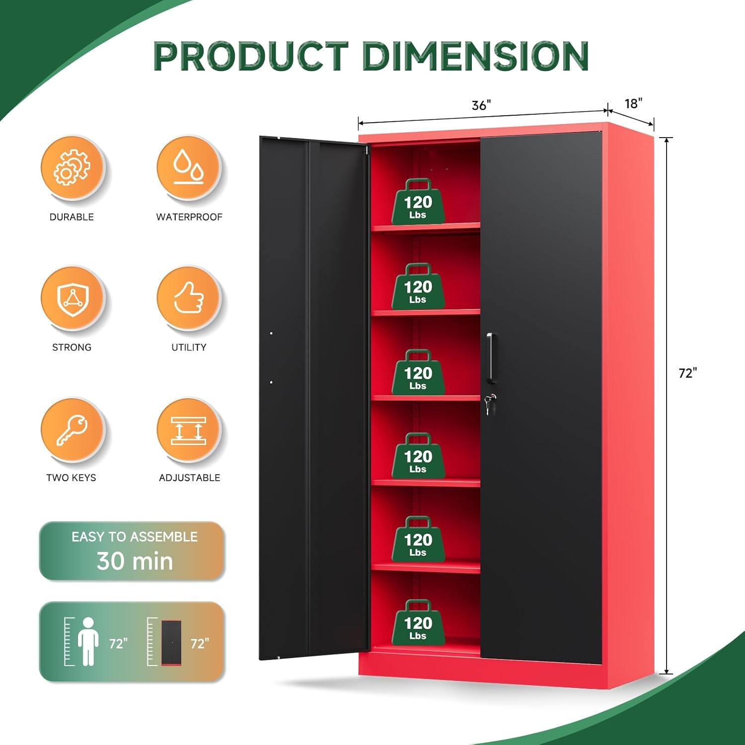 image:imageLetaya Metal Storage Cabinets with Lock DoorsTall Locker Organizer Steel Garage Cabinets 5 Adjustable Layers Shelves for Home Office WarehouseToolIndustrialBlackBlack Red