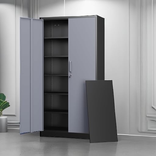 image:imageLetaya Metal Storage Cabinets with Lock DoorsTall Locker Organizer Steel Garage Cabinets 5 Adjustable Layers Shelves for Home Office WarehouseToolIndustrialBlackBlack Grey