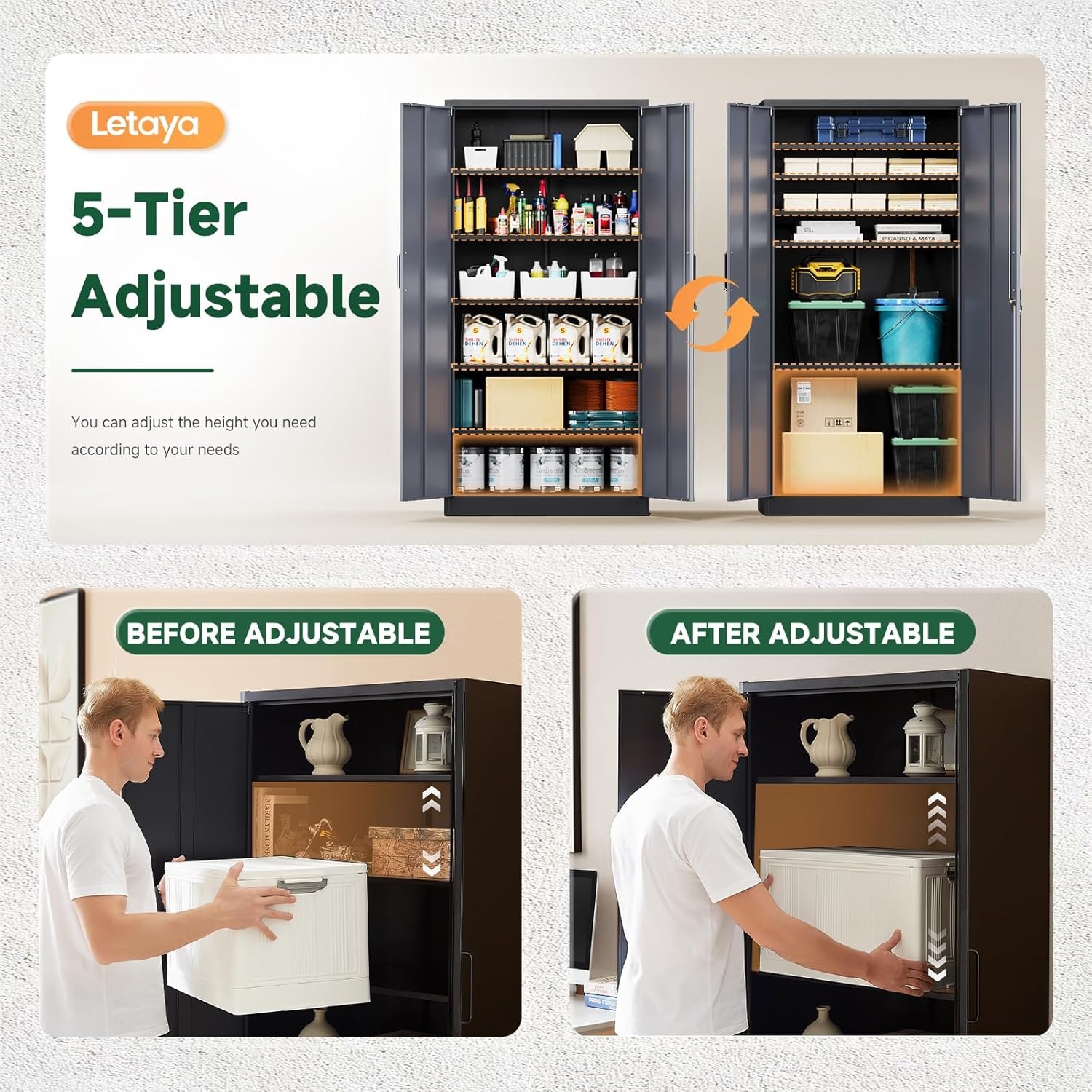 image:imageLetaya Metal Storage Cabinets with Lock DoorsTall Locker Organizer Steel Garage Cabinets 5 Adjustable Layers Shelves for Home Office WarehouseToolIndustrialBlackBlack Grey