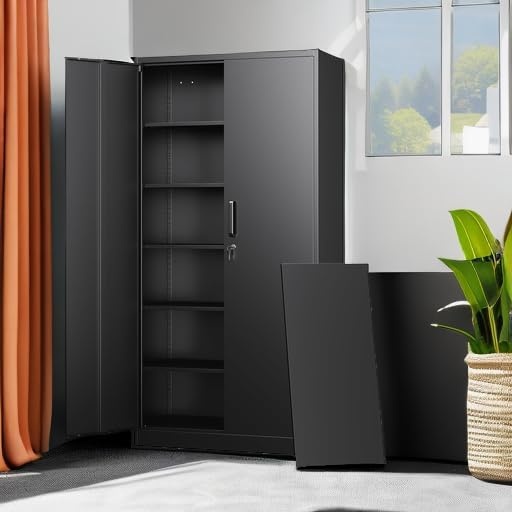 image:imageLetaya Metal Storage Cabinets with Lock DoorsTall Locker Organizer Steel Garage Cabinets 5 Adjustable Layers Shelves for Home Office WarehouseToolIndustrialBlackBlack