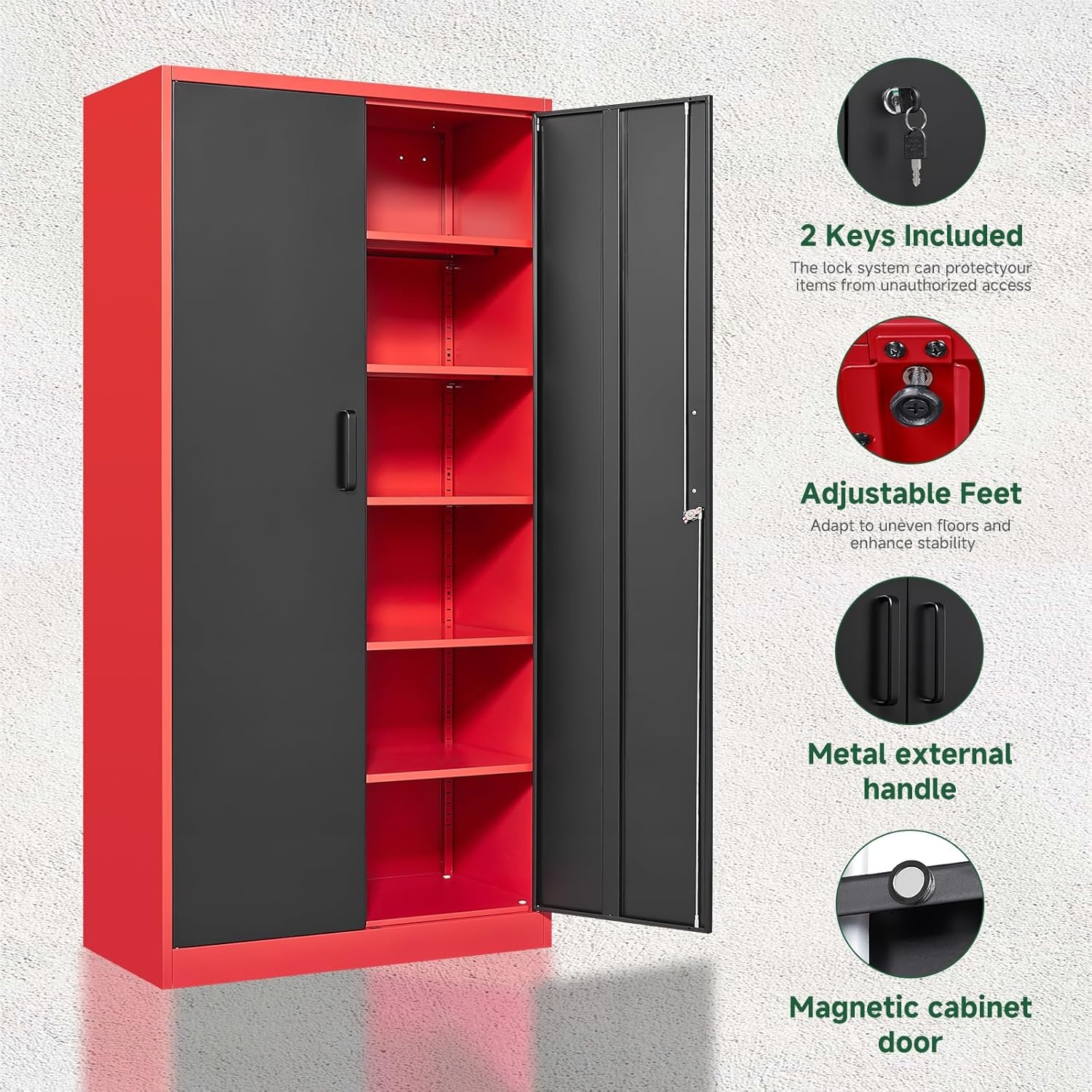 image:imageLetaya Metal Storage Cabinets with Lock DoorsTall Locker Organizer Steel Garage Cabinets 5 Adjustable Layers Shelves for Home Office WarehouseToolIndustrialBlackBlack Red