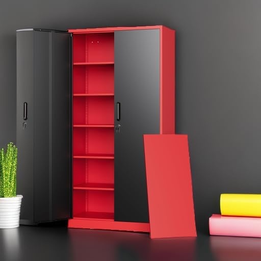 image:imageLetaya Metal Storage Cabinets with Lock DoorsTall Locker Organizer Steel Garage Cabinets 5 Adjustable Layers Shelves for Home Office WarehouseToolIndustrialBlackBlack Red