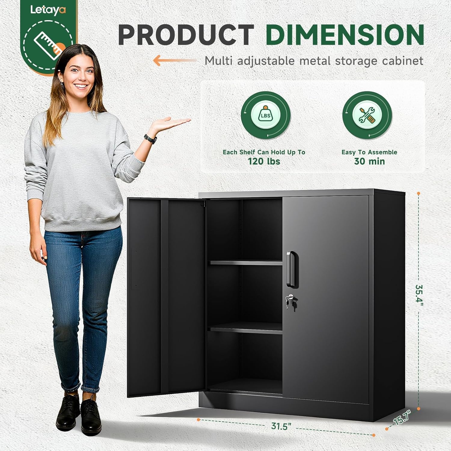 image:imageLetaya Metal Storage Cabinets with Lock Small Locker Steel Cabinets Adjustable Shelves 2 Doors for HomeOffice WarehouseGarageBlack36Black