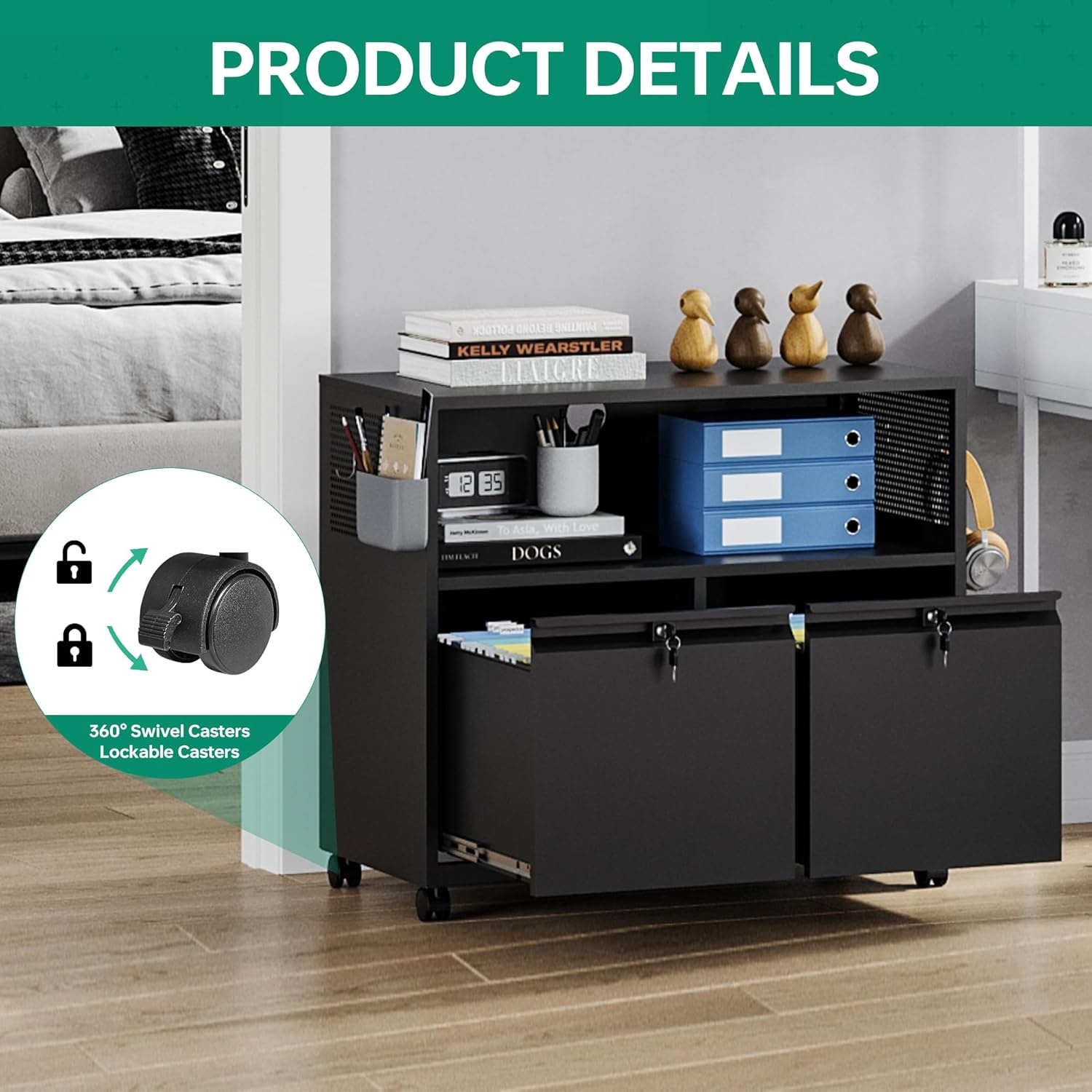 image:imageLetaya Mobile 2 Drawer File Cabinet with Lock Metal Lateral Printer Stand Filing Storage Cabinets with Shelves for Home OfficeA4F4Letter BlackBlack