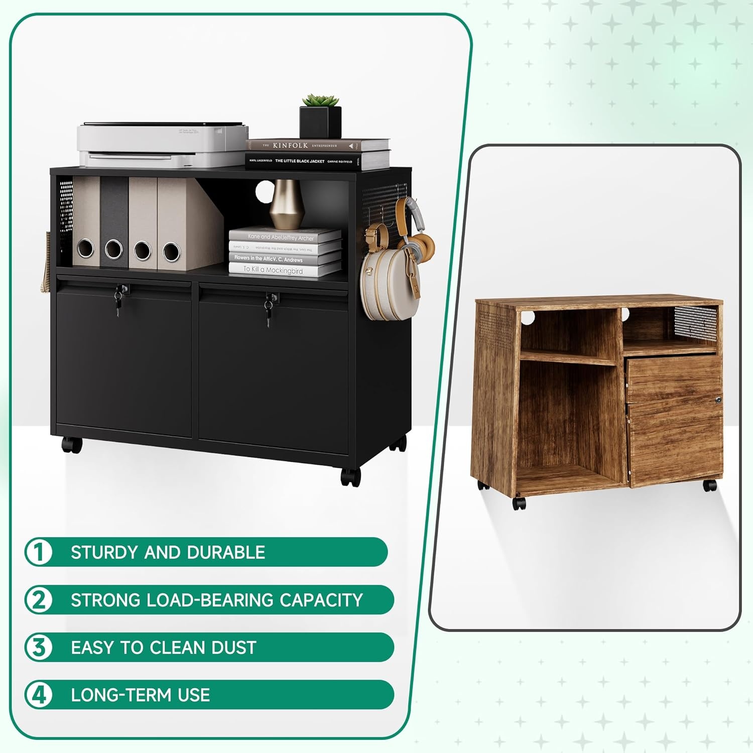 image:imageLetaya Mobile 2 Drawer File Cabinet with Lock Metal Lateral Printer Stand Filing Storage Cabinets with Shelves for Home OfficeA4F4Letter BlackBlack