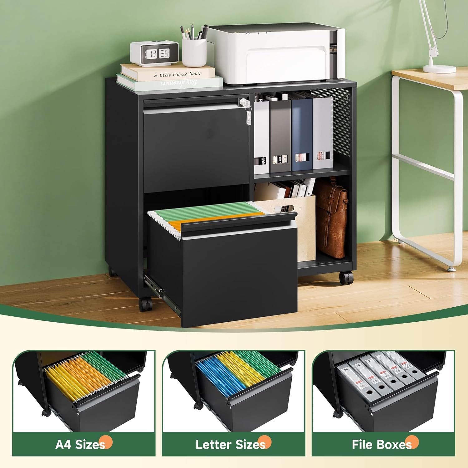 image:imageLetaya Mobile 2 Drawer File Cabinet with Lock Metal Lateral Printer Stand Filing Storage Cabinets with Shelves for Home OfficeA4F4Letter BlackBlack