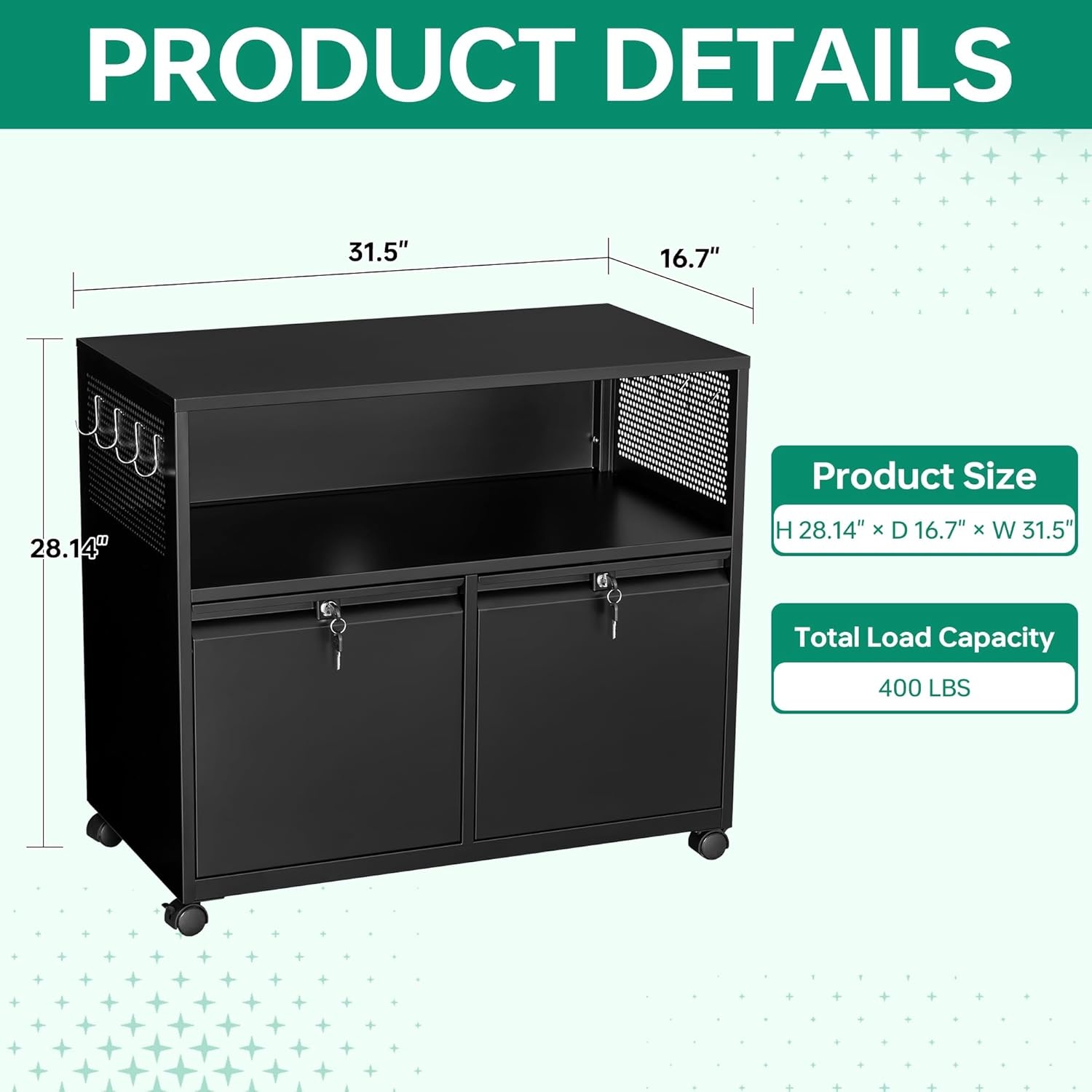 image:imageLetaya Mobile 2 Drawer File Cabinet with Lock Metal Lateral Printer Stand Filing Storage Cabinets with Shelves for Home OfficeA4F4Letter BlackBlack