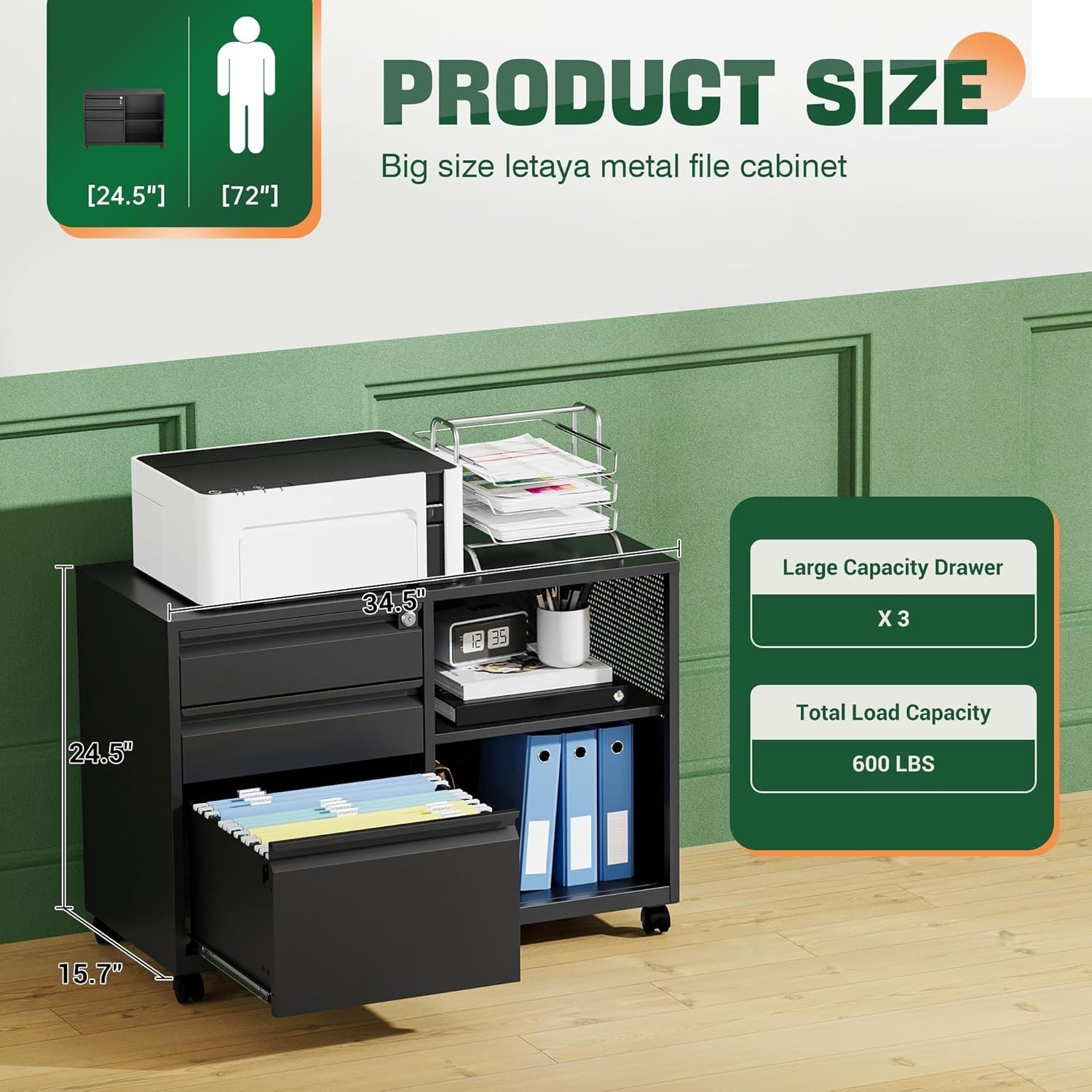 image:imageLetaya Mobile 2 Drawer File Cabinet with Lock Metal Lateral Printer Stand Filing Storage Cabinets with Shelves for Home OfficeA4F4Letter BlackBlack