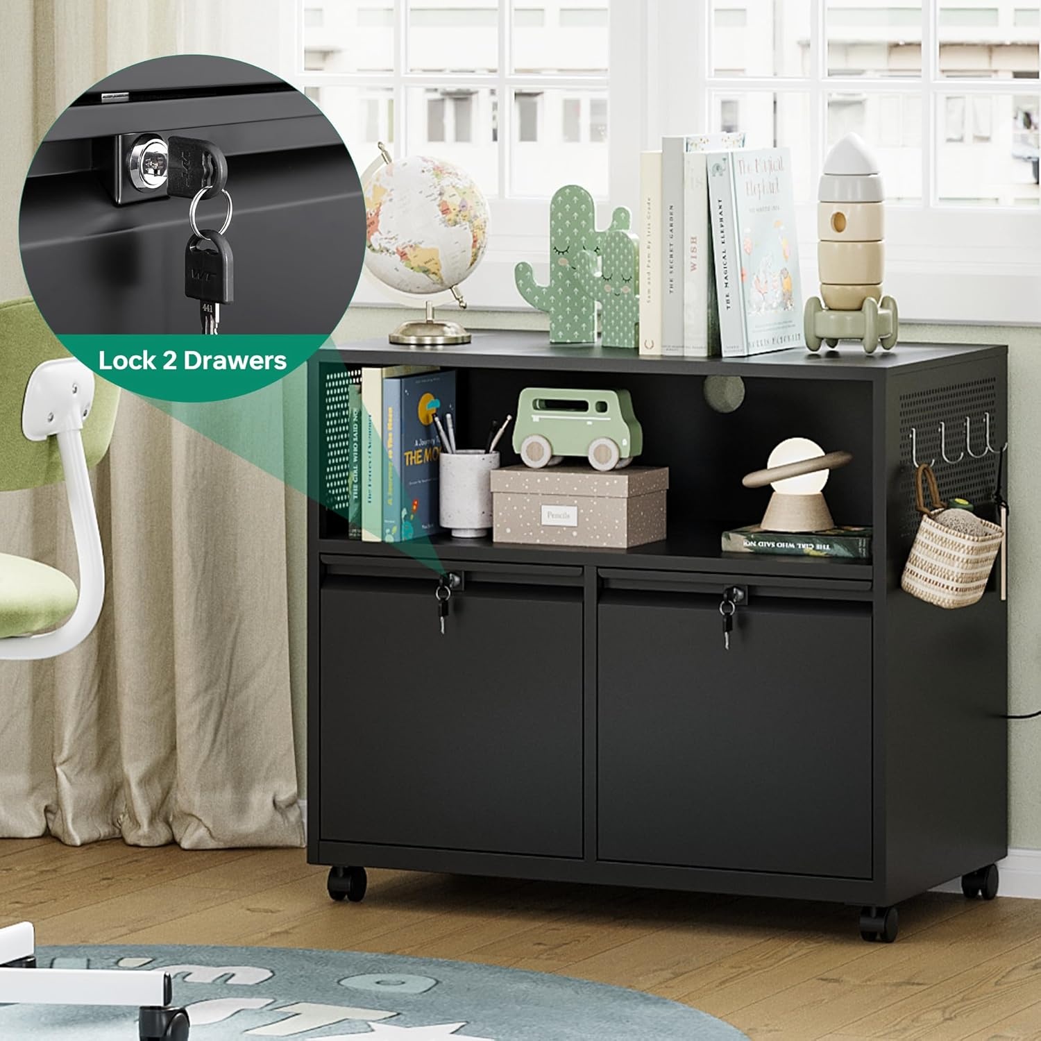 image:imageLetaya Mobile 2 Drawer File Cabinet with Lock Metal Lateral Printer Stand Filing Storage Cabinets with Shelves for Home OfficeA4F4Letter BlackBlack