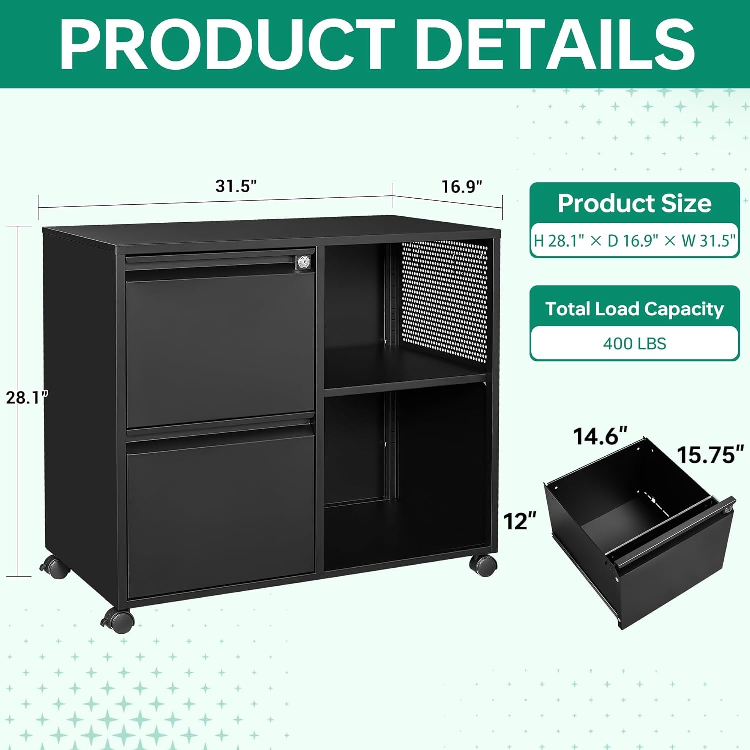 image:imageLetaya Mobile 2 Drawer File Cabinet with Lock Metal Lateral Printer Stand Filing Storage Cabinets with Shelves for Home OfficeA4F4Letter BlackBlack