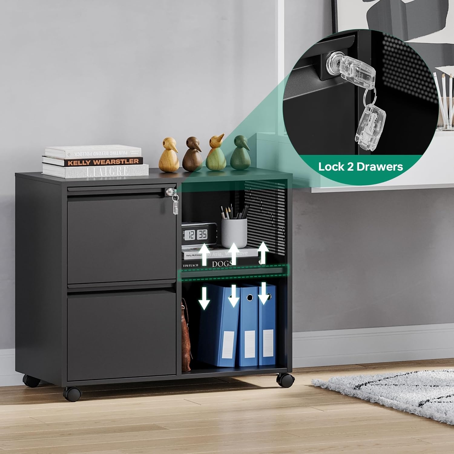 image:imageLetaya Mobile 2 Drawer File Cabinet with Lock Metal Lateral Printer Stand Filing Storage Cabinets with Shelves for Home OfficeA4F4Letter BlackBlack