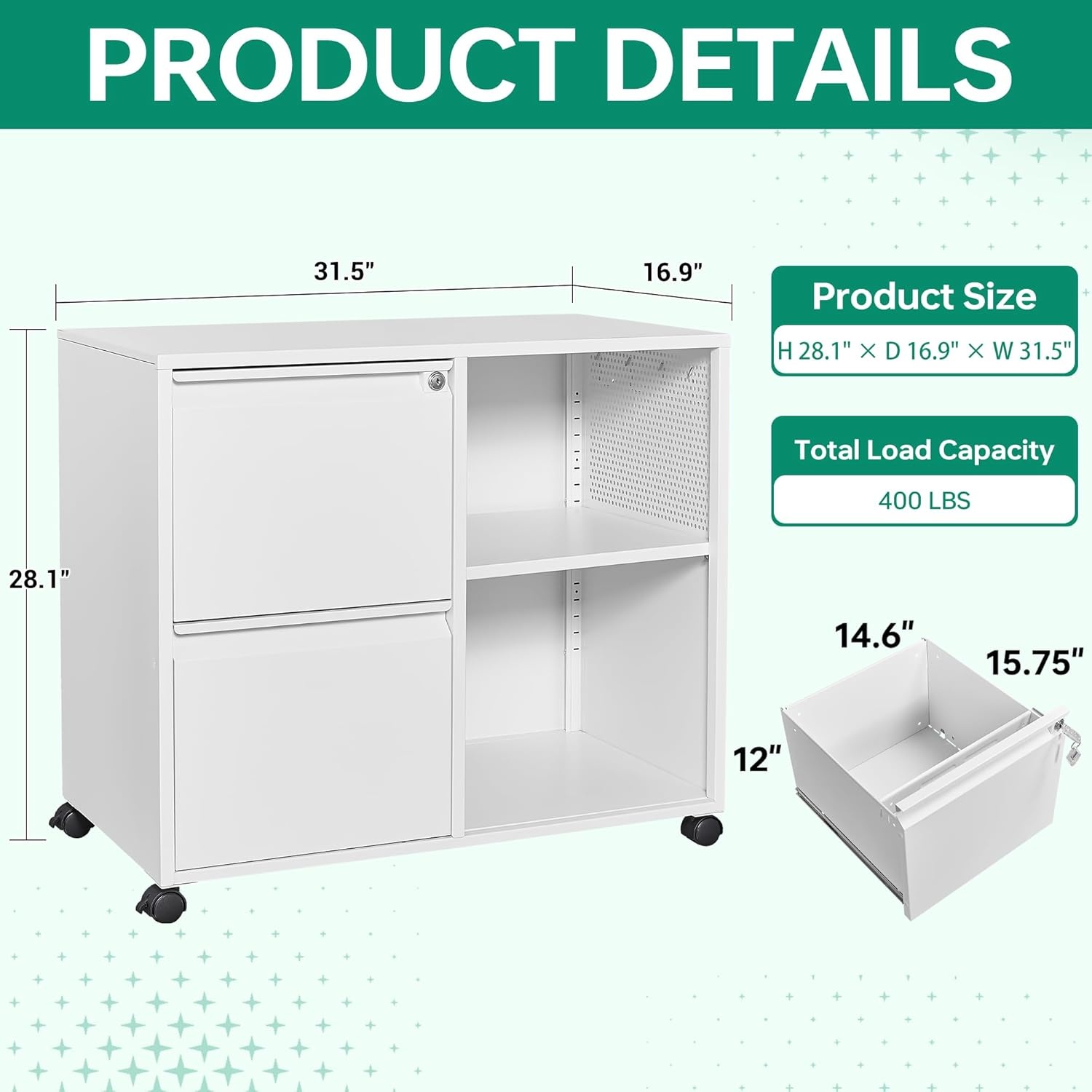 image:imageLetaya Mobile 2 Drawer File Cabinet with Lock Metal Lateral Printer Stand Filing Storage Cabinets with Shelves for Home OfficeA4F4Letter BlackWhite
