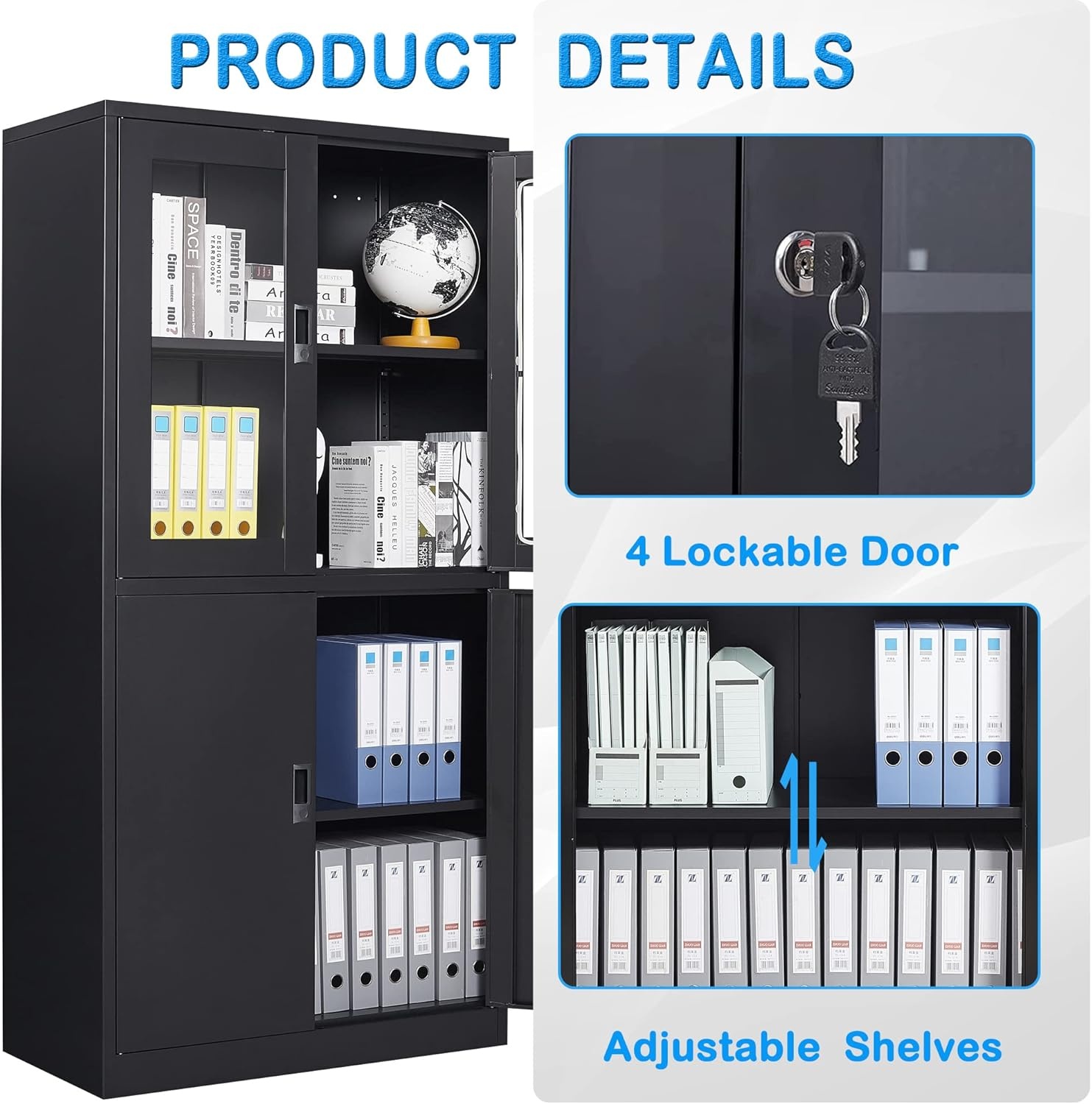 image:imageLetaya Storage Cabinet36 Steel Locker Lockable Glass Door2 Adjustable Shelf Organizer Pantry for Office FileHome 36BlackBlack