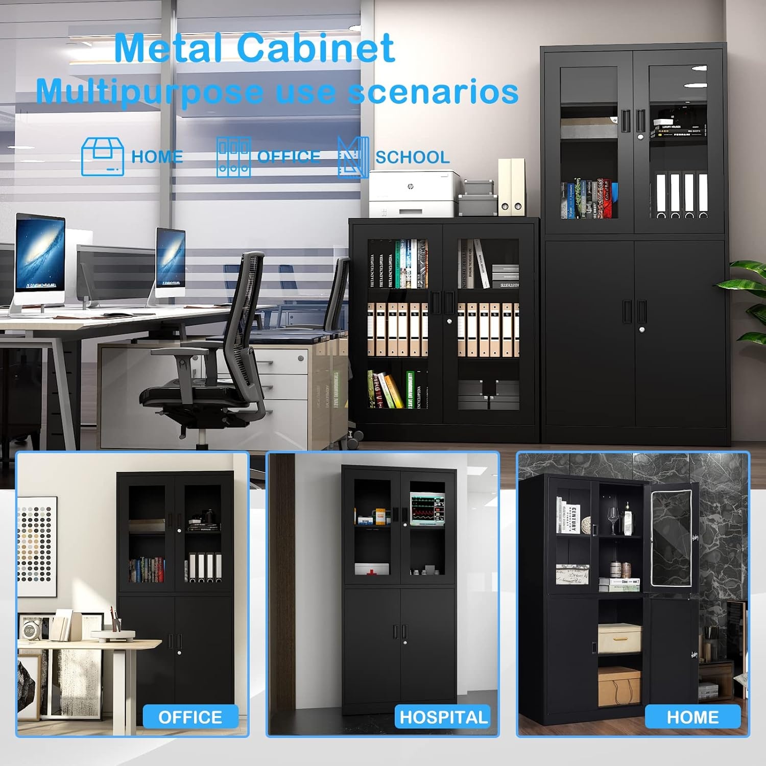 image:imageLetaya Storage Cabinet36 Steel Locker Lockable Glass Door2 Adjustable Shelf Organizer Pantry for Office FileHome 36BlackBlack