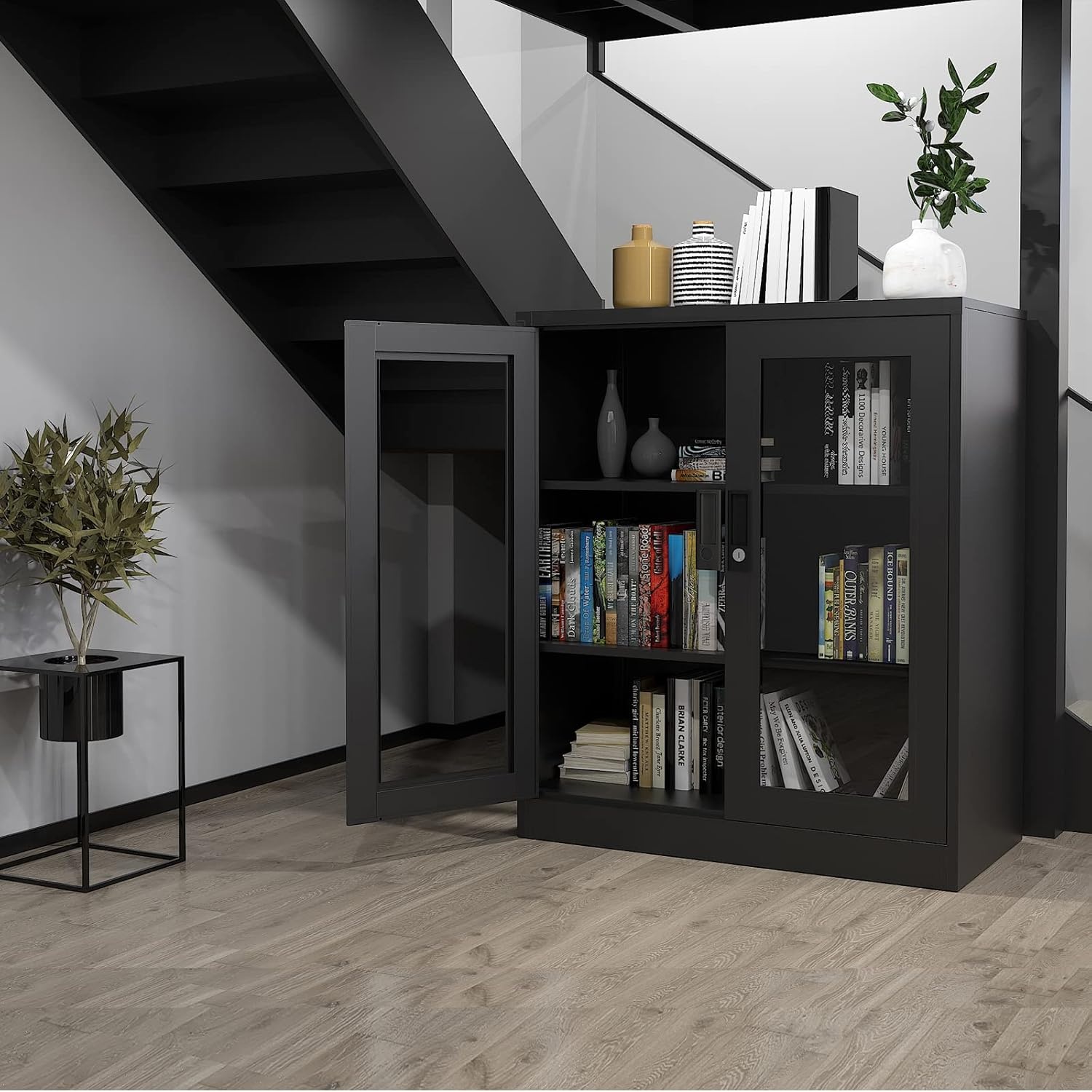 image:imageLetaya Storage Cabinet36 Steel Locker Lockable Glass Door2 Adjustable Shelf Organizer Pantry for Office FileHome 36BlackBlack