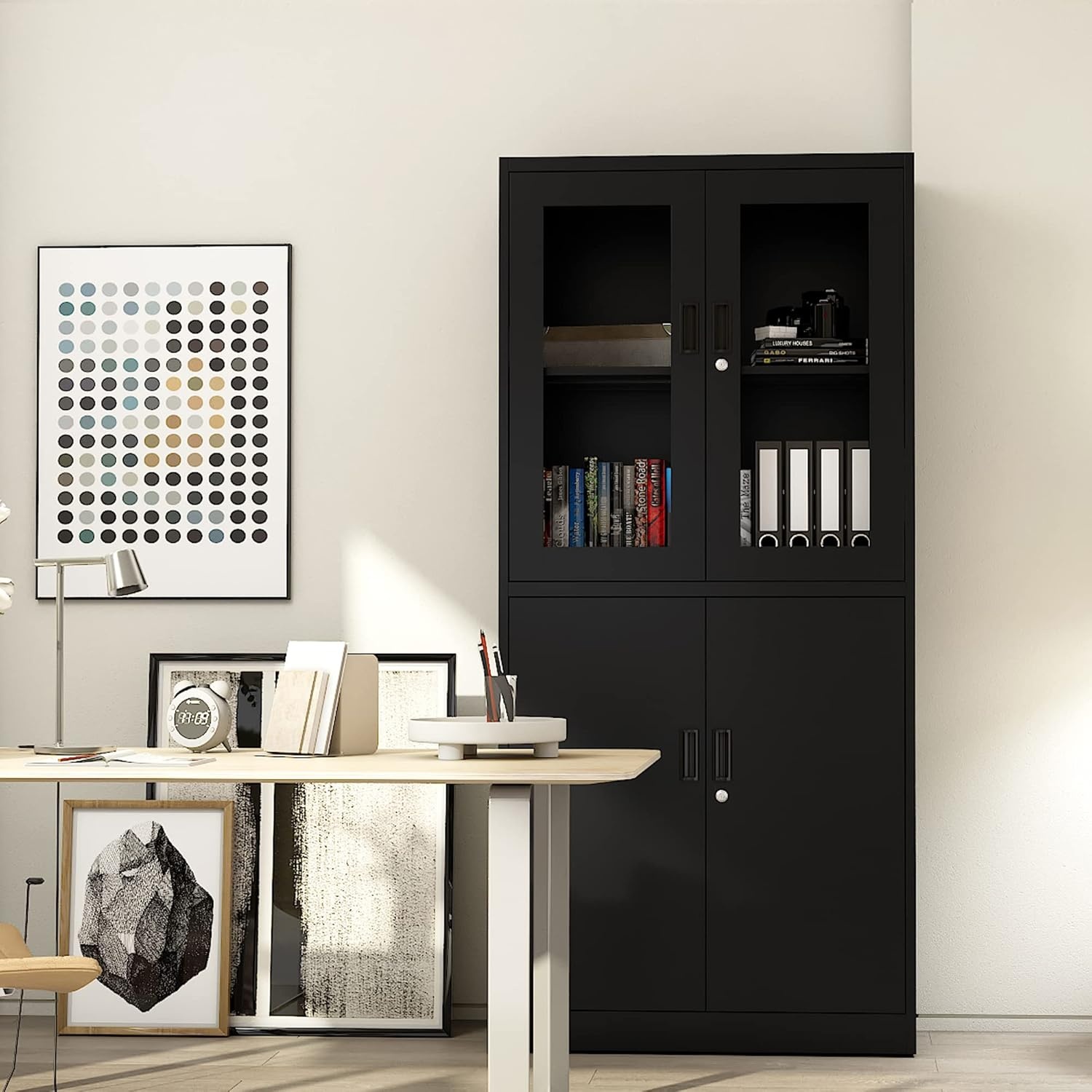 image:imageLetaya Storage Cabinet36 Steel Locker Lockable Glass Door2 Adjustable Shelf Organizer Pantry for Office FileHome 36BlackBlack