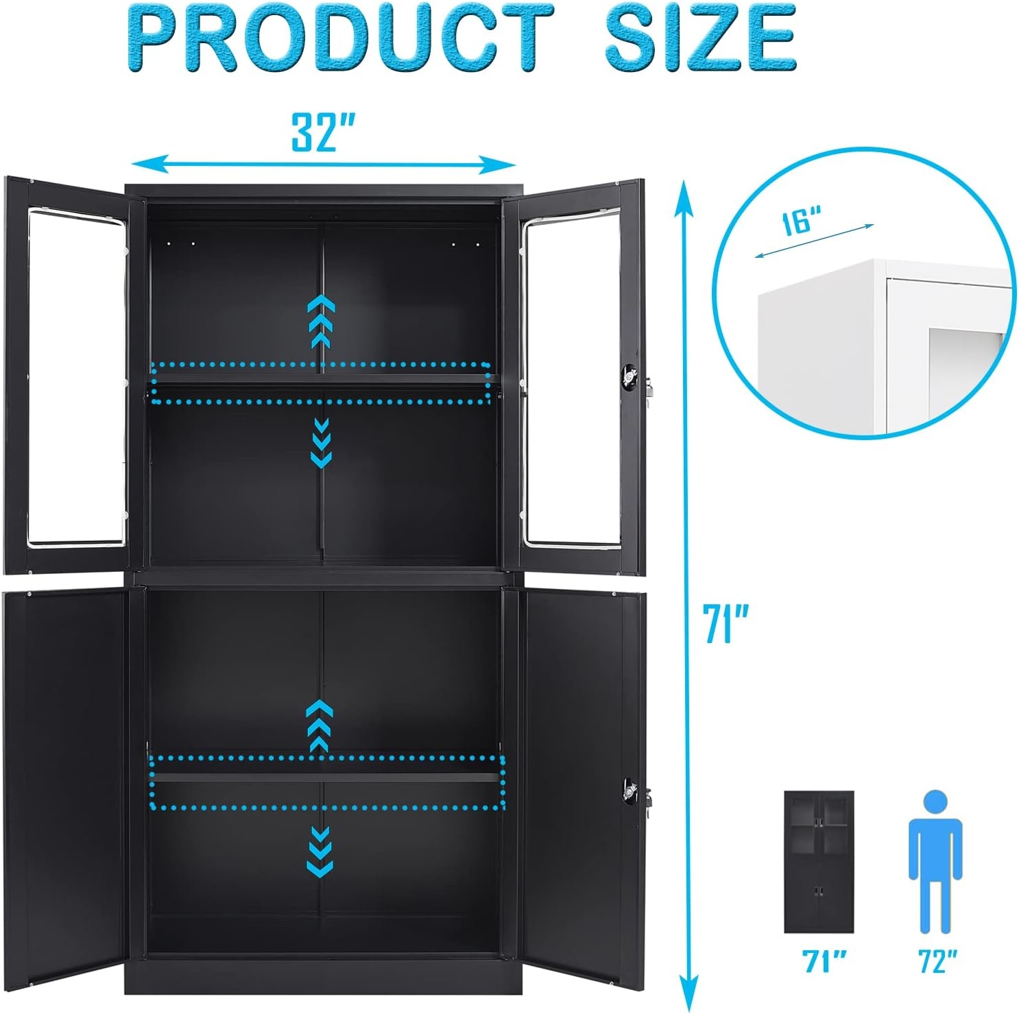 image:imageLetaya Storage Cabinet36 Steel Locker Lockable Glass Door2 Adjustable Shelf Organizer Pantry for Office FileHome 36BlackBlack