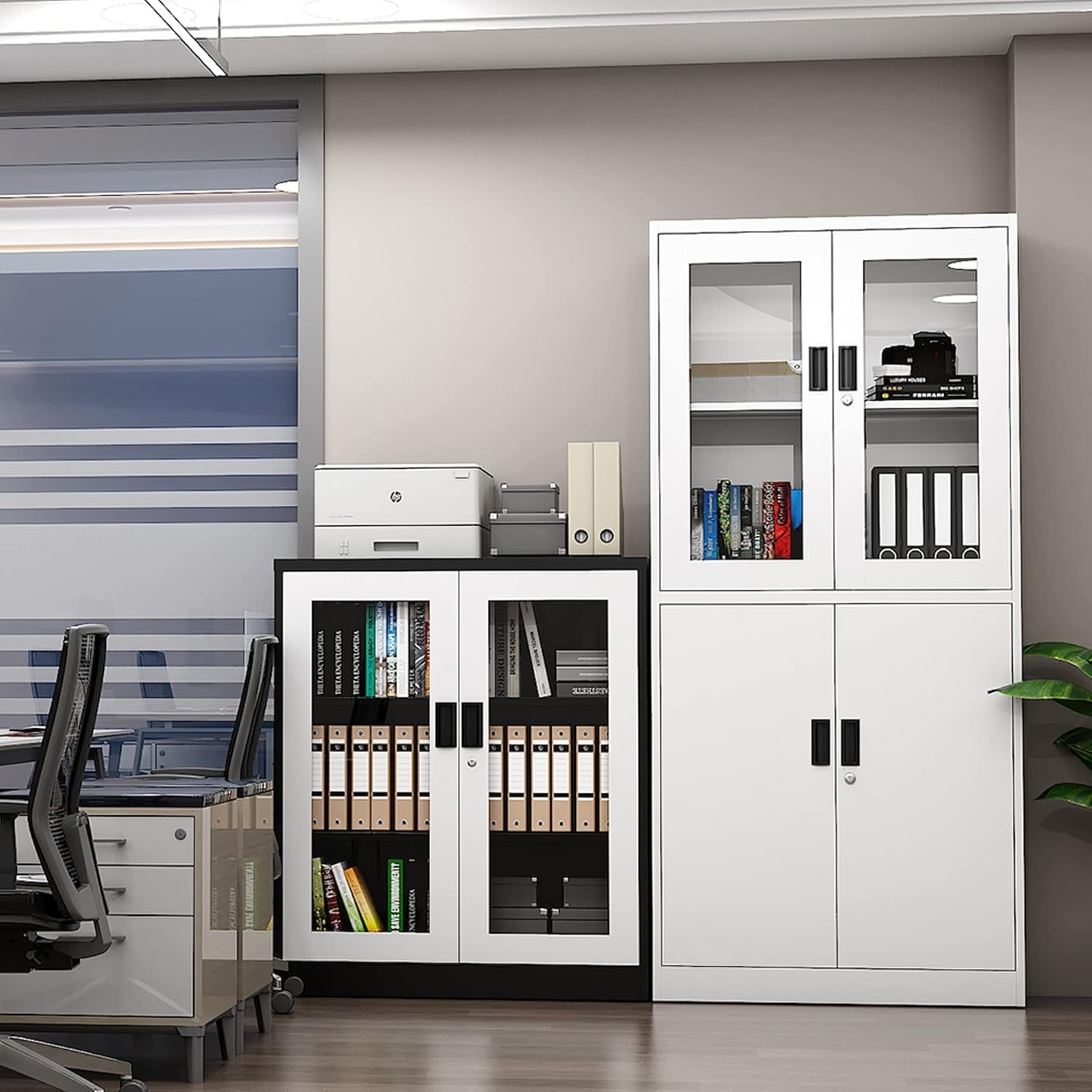 image:imageLetaya Storage Cabinet36 Steel Locker Lockable Glass Door2 Adjustable Shelf Organizer Pantry for Office FileHome 36BlackWhite