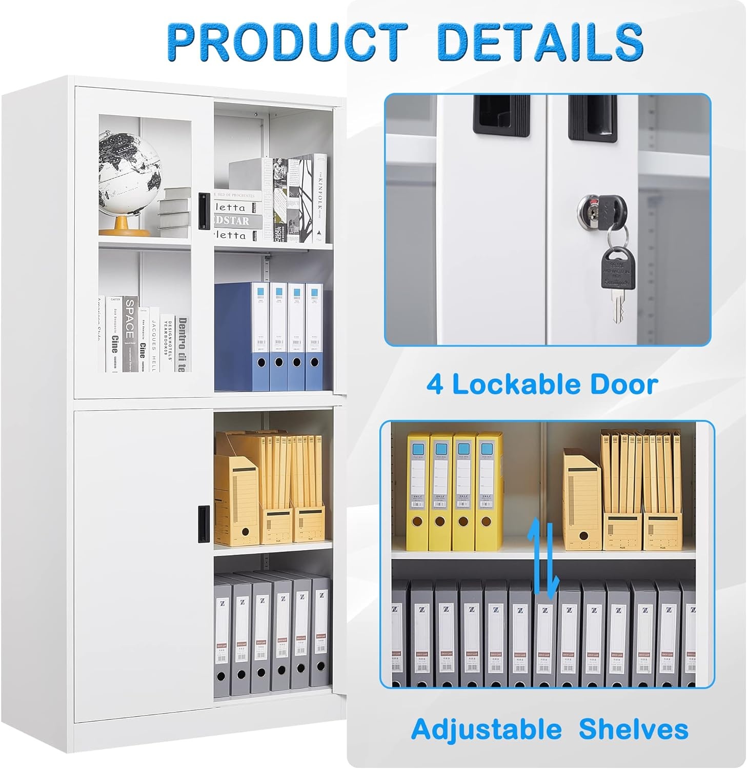 image:imageLetaya Storage Cabinet36 Steel Locker Lockable Glass Door2 Adjustable Shelf Organizer Pantry for Office FileHome 36BlackWhite