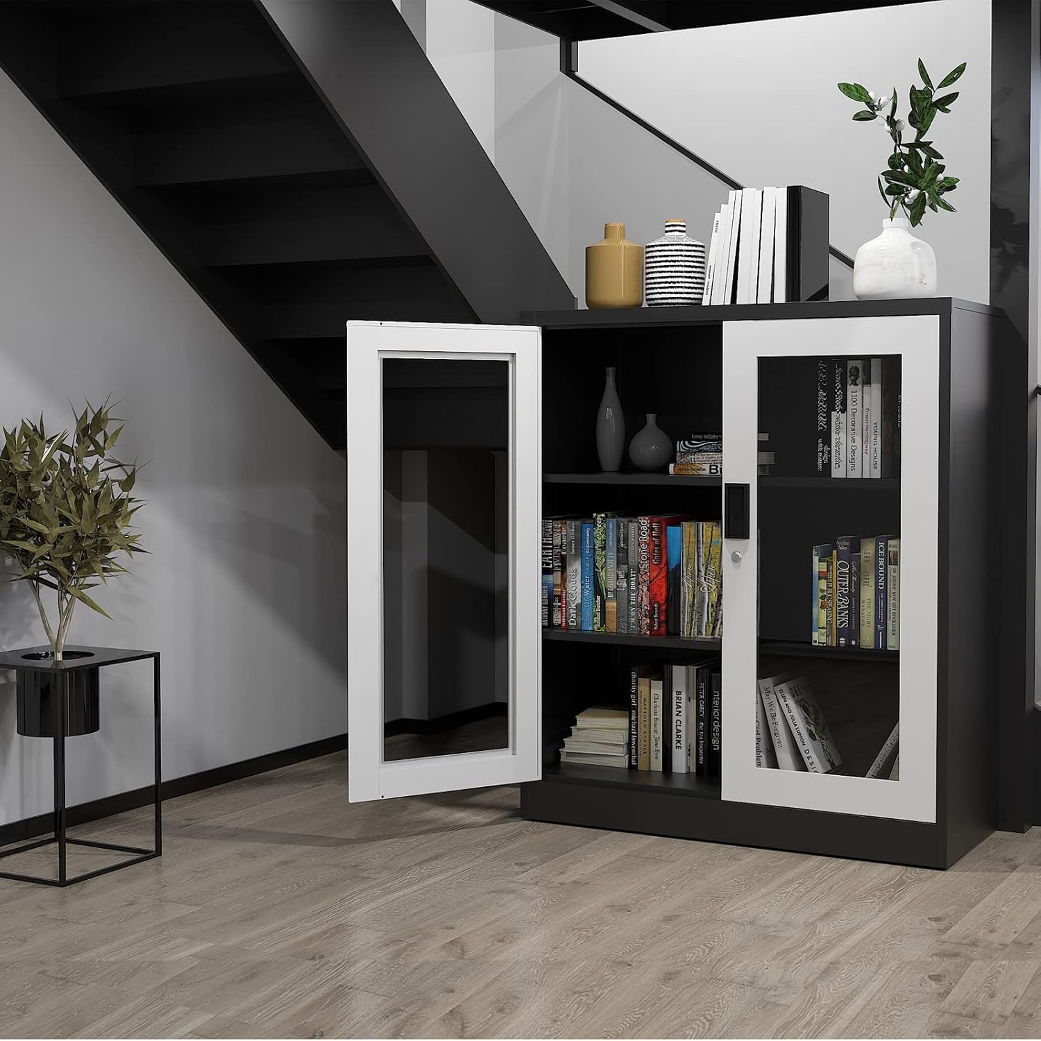 image:imageLetaya Storage Cabinet36 Steel Locker Lockable Glass Door2 Adjustable Shelf Organizer Pantry for Office FileHome 36BlackWhite