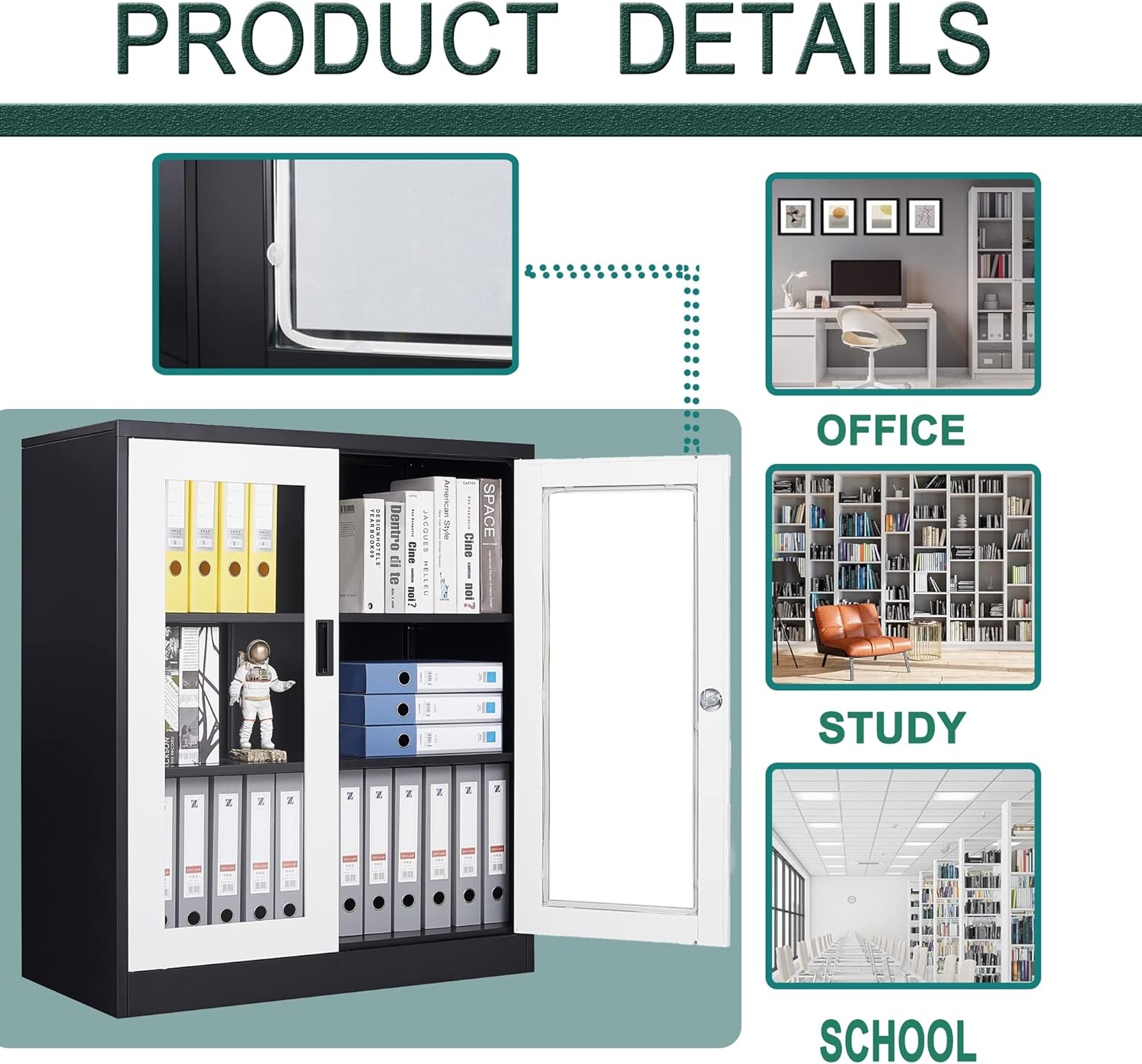 image:imageLetaya Storage Cabinet36 Steel Locker Lockable Glass Door2 Adjustable Shelf Organizer Pantry for Office FileHome 36BlackWhite