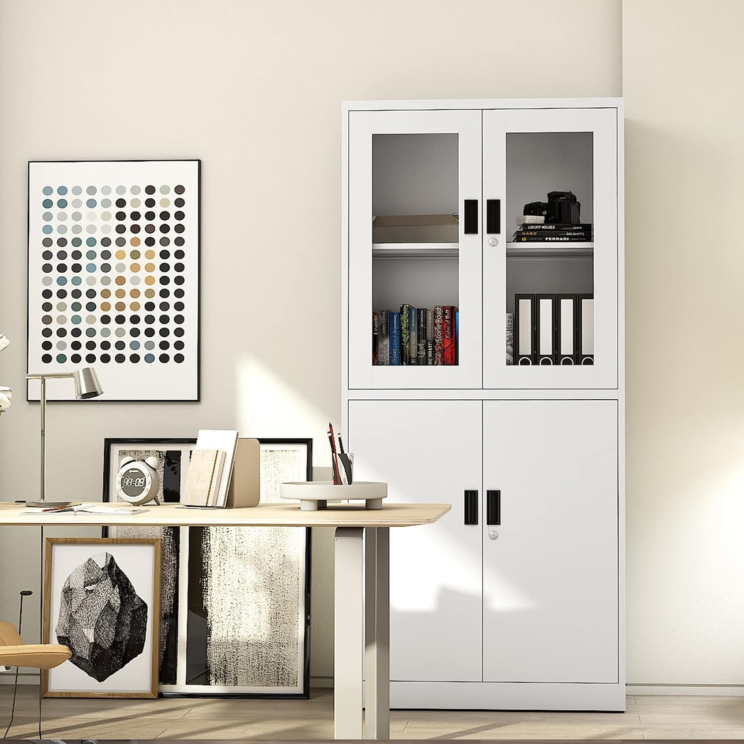 image:imageLetaya Storage Cabinet36 Steel Locker Lockable Glass Door2 Adjustable Shelf Organizer Pantry for Office FileHome 36BlackWhite