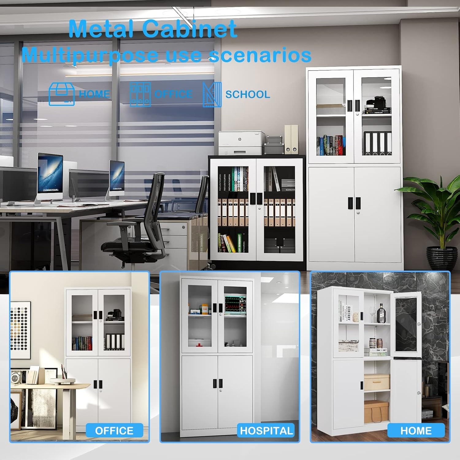image:imageLetaya Storage Cabinet36 Steel Locker Lockable Glass Door2 Adjustable Shelf Organizer Pantry for Office FileHome 36BlackWhite
