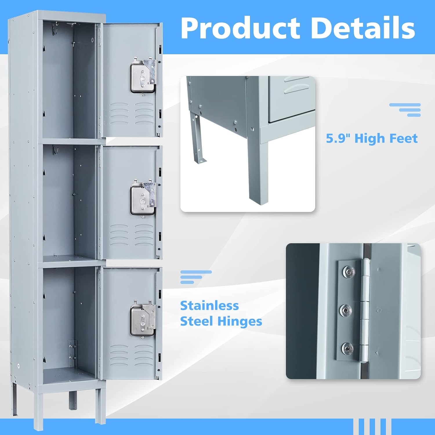 image:imageLetaya Storage Locker66 Employees Metal Cabinet 3 Door Lockable for School Gym Home Office StaffGrey