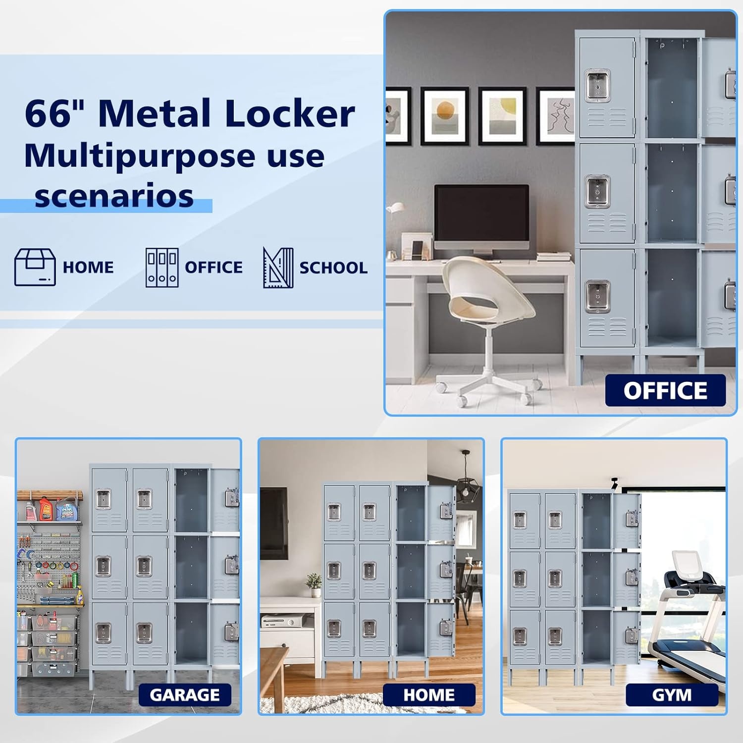 image:imageLetaya Storage Locker66 Employees Metal Cabinet 3 Door Lockable for School Gym Home Office StaffGrey