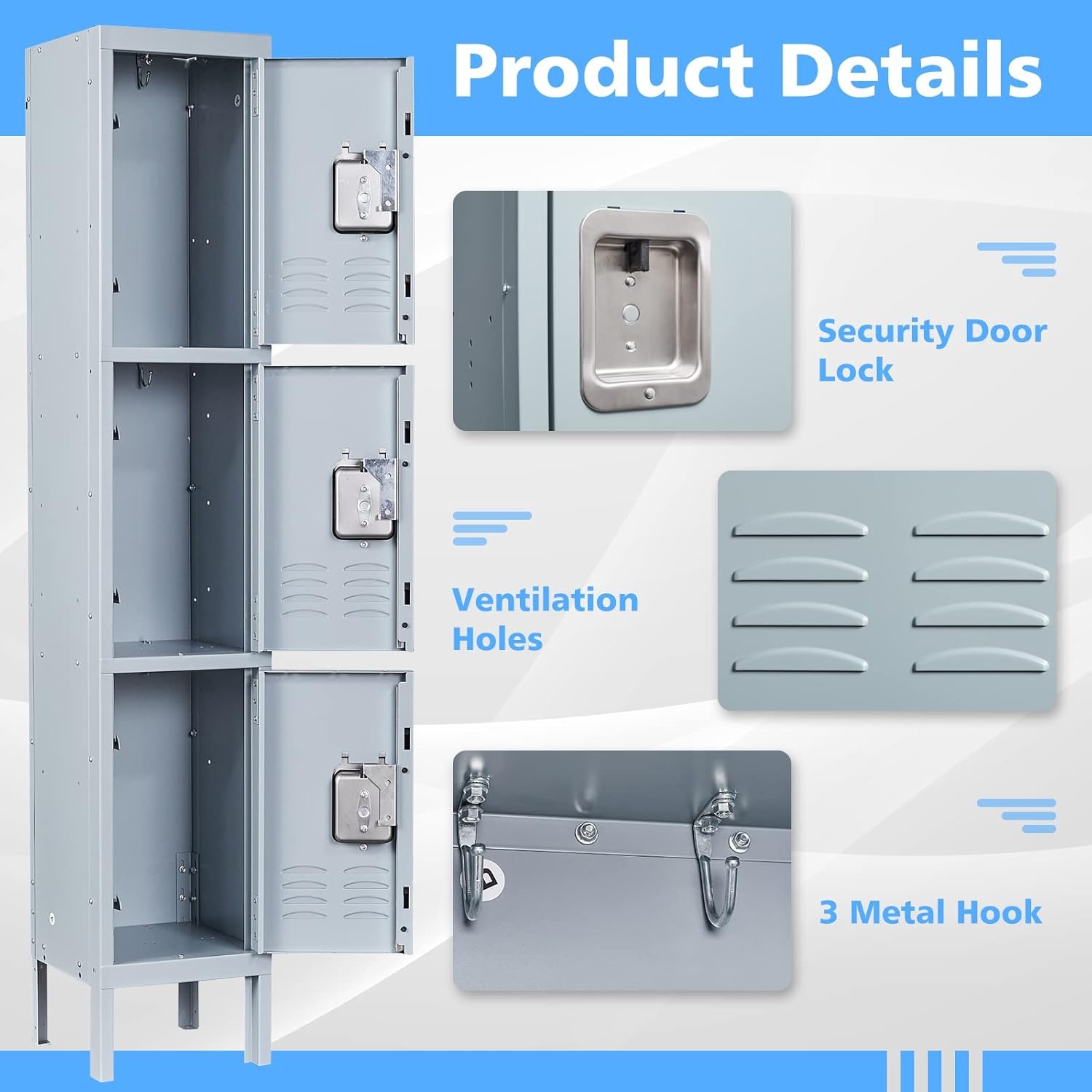 image:imageLetaya Storage Locker66 Employees Metal Cabinet 3 Door Lockable for School Gym Home Office StaffGrey