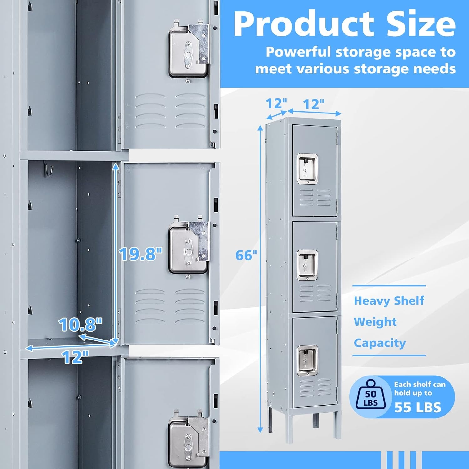 image:imageLetaya Storage Locker66 Employees Metal Cabinet 3 Door Lockable for School Gym Home Office StaffGrey