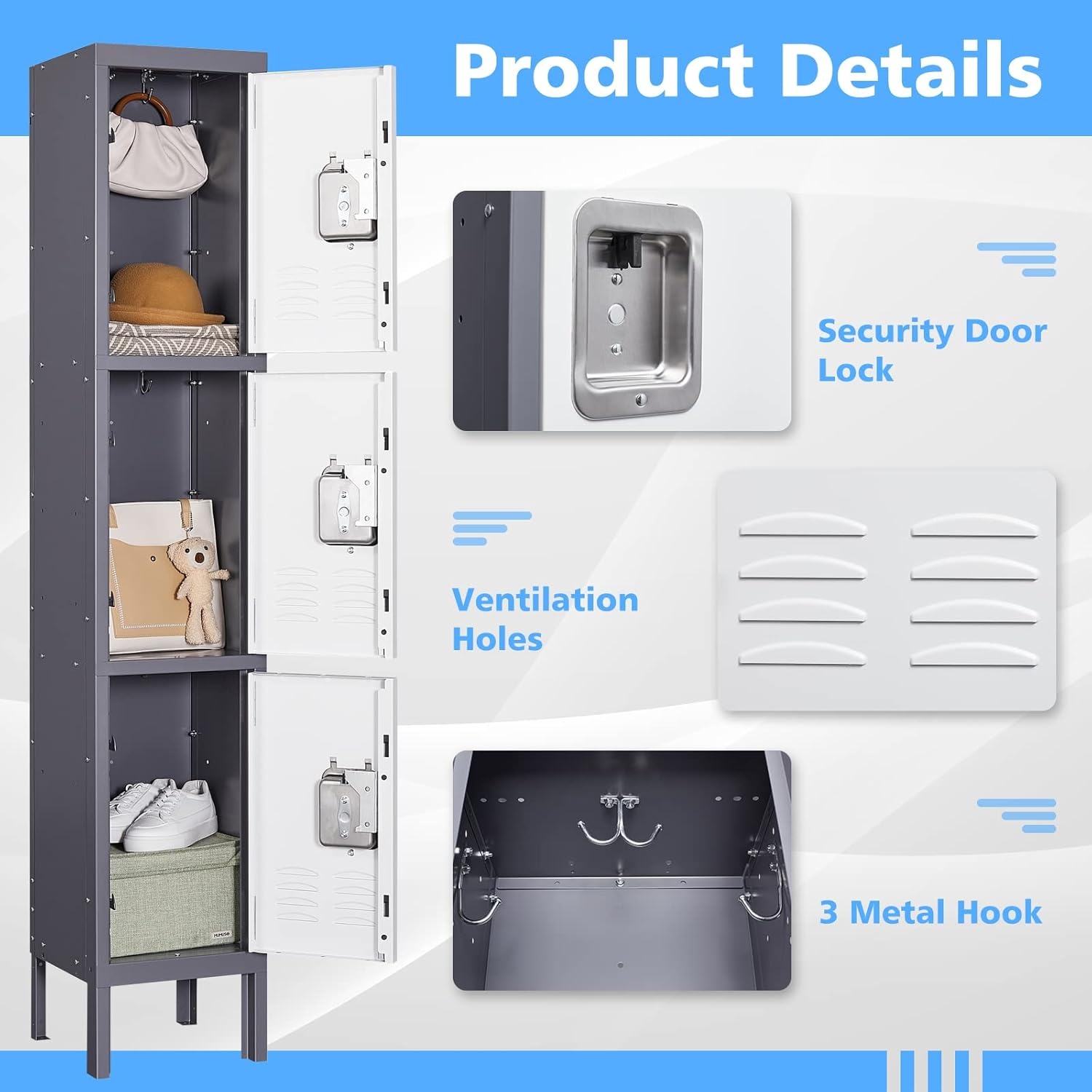 image:imageLetaya Storage Locker66 Employees Metal Cabinet 3 Door Lockable for School Gym Home Office StaffGrey White