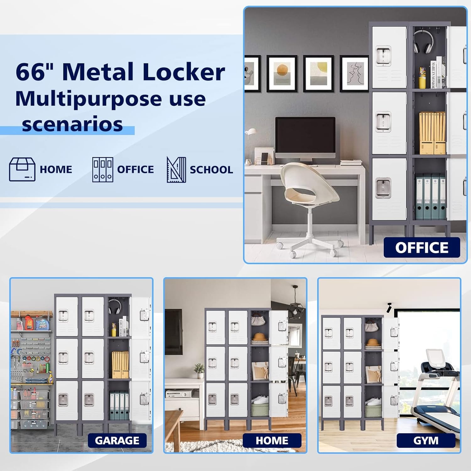 image:imageLetaya Storage Locker66 Employees Metal Cabinet 3 Door Lockable for School Gym Home Office StaffGrey White
